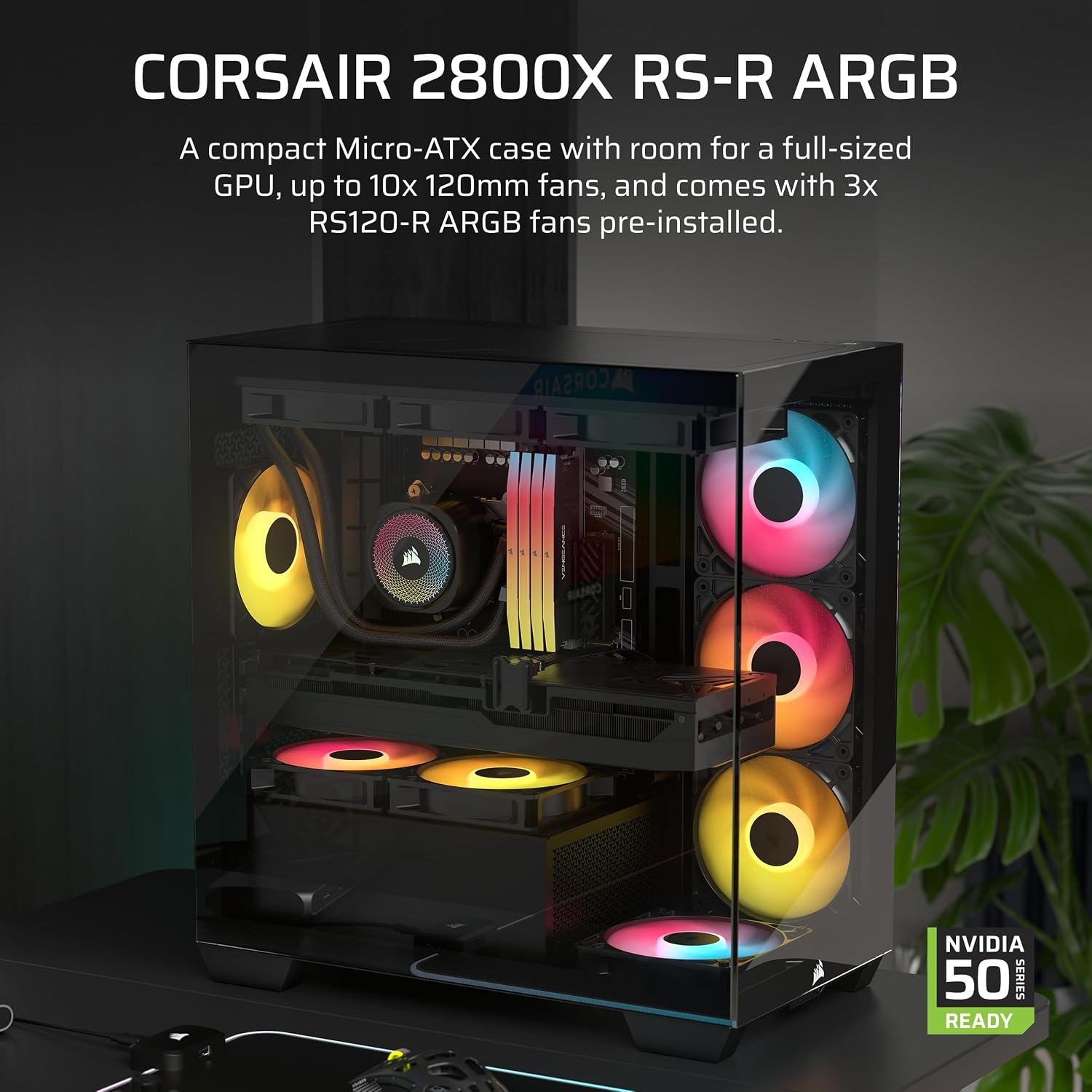 image:imageCORSAIR 2800X RSR Reverse Fan ARGB MicroATX PC Case 3X Fans Included Panoramic Glass Modular Customization GPU AntiSag Reverse Connection Motherboard Compatible BlackBlack