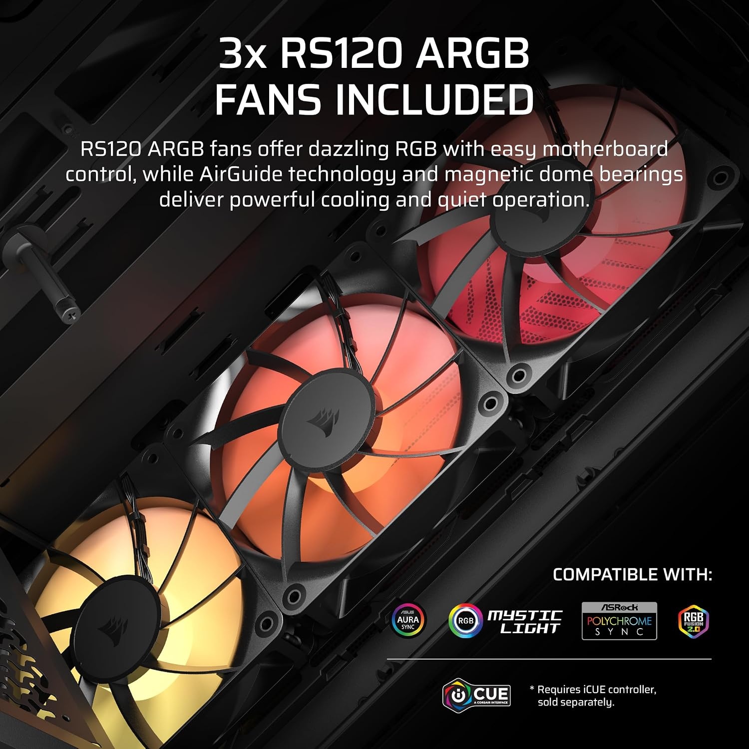 image:imageCORSAIR 3200D RS ARGB MidTower PC Case 3X RS120 ARGB PWM Fans Included GPU Antisag Stabilization Arm ASUS BTF MSI Project Zero Gigabyte Project Stealth SmokeSmoke