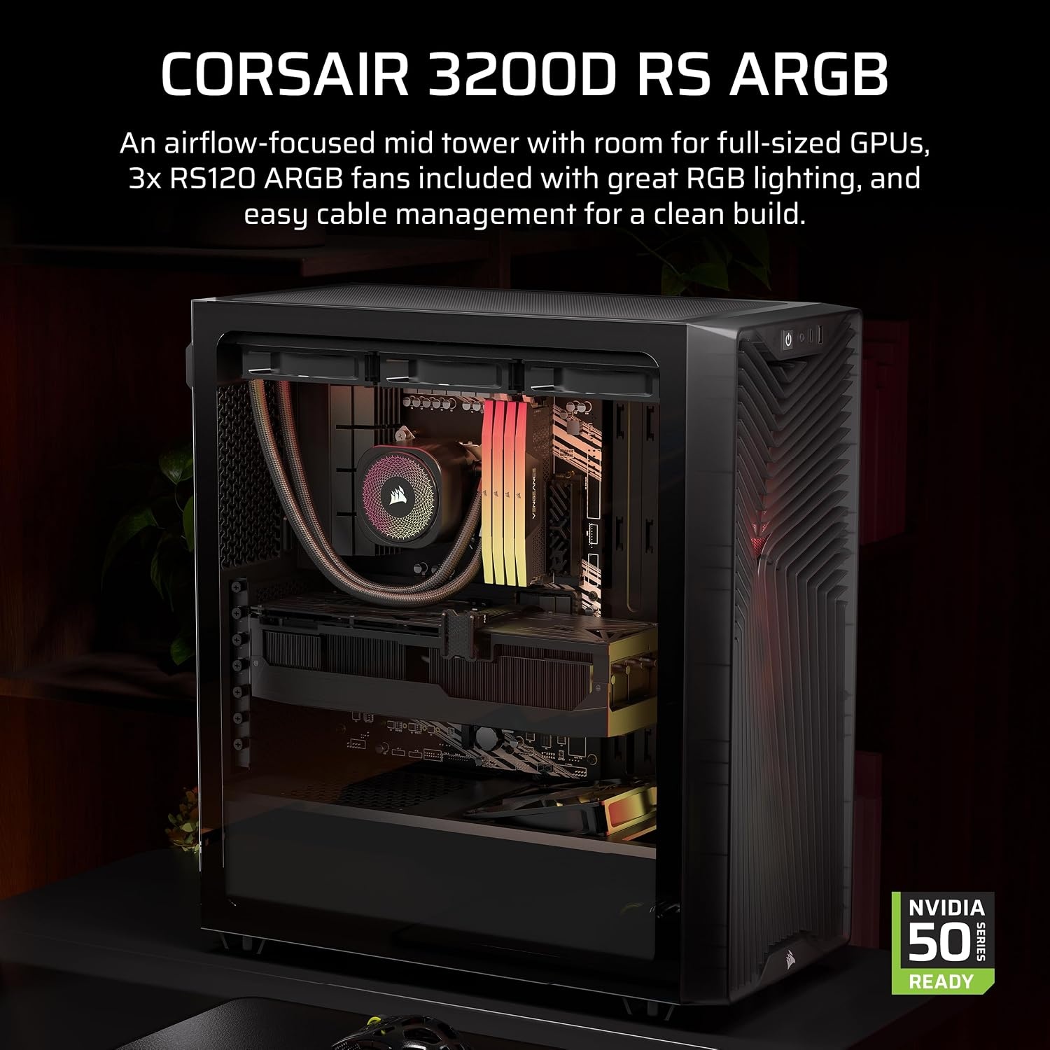 image:imageCORSAIR 3200D RS ARGB MidTower PC Case 3X RS120 ARGB PWM Fans Included GPU Antisag Stabilization Arm ASUS BTF MSI Project Zero Gigabyte Project Stealth SmokeSmoke