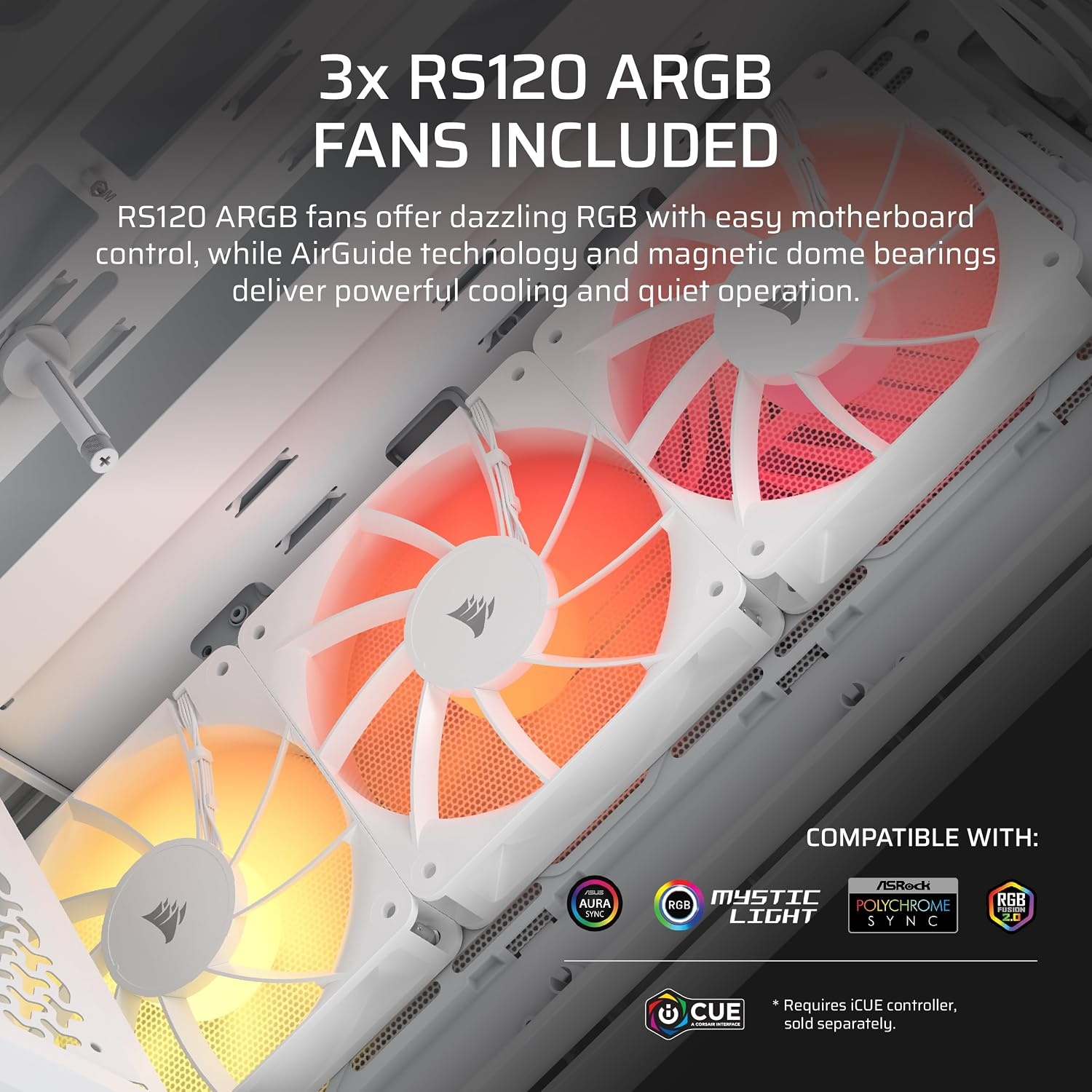 image:imageCORSAIR 3200D RS ARGB MidTower PC Case 3X RS120 ARGB PWM Fans Included GPU Antisag Stabilization Arm ASUS BTF MSI Project Zero Gigabyte Project Stealth SmokeWhite