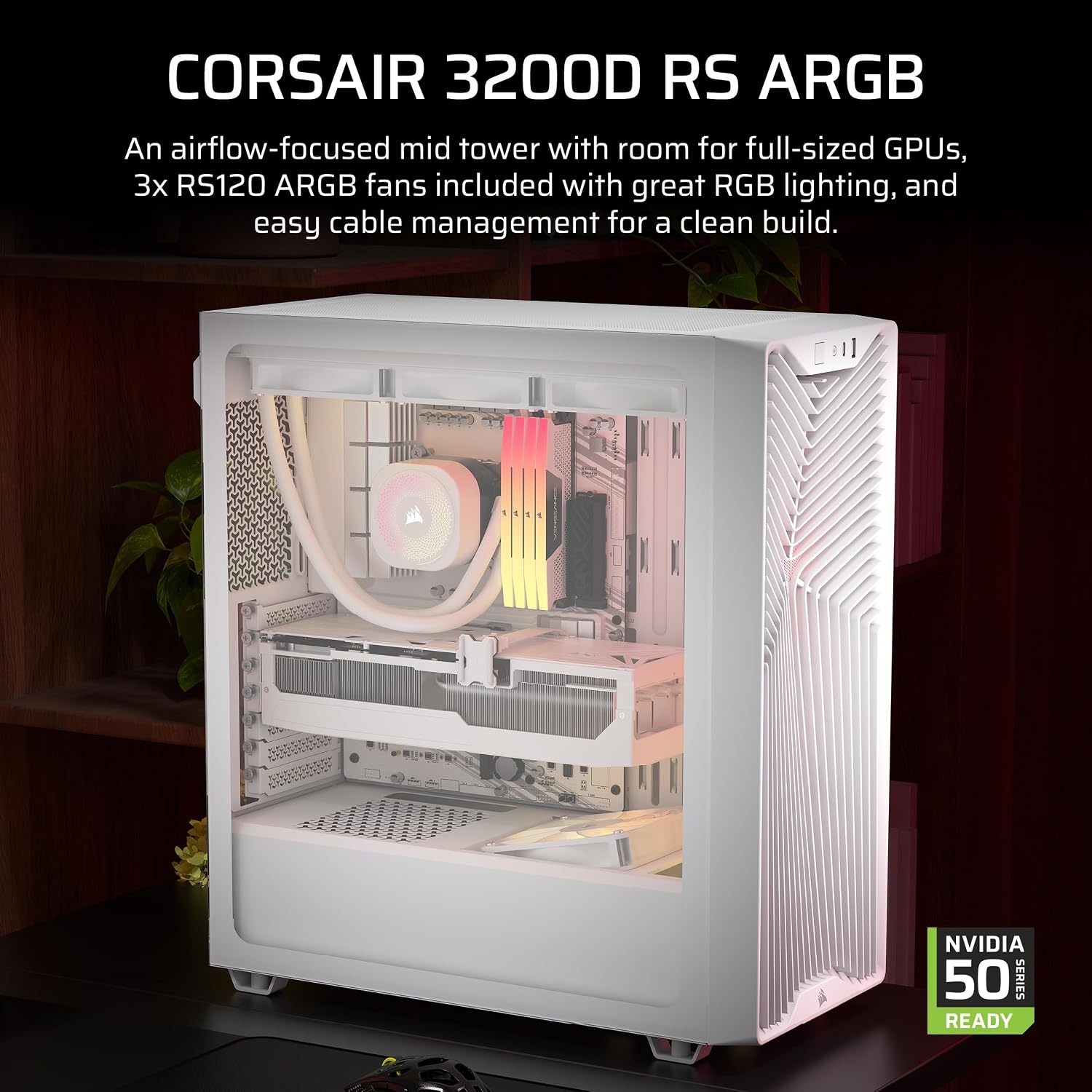 image:imageCORSAIR 3200D RS ARGB MidTower PC Case 3X RS120 ARGB PWM Fans Included GPU Antisag Stabilization Arm ASUS BTF MSI Project Zero Gigabyte Project Stealth SmokeWhite