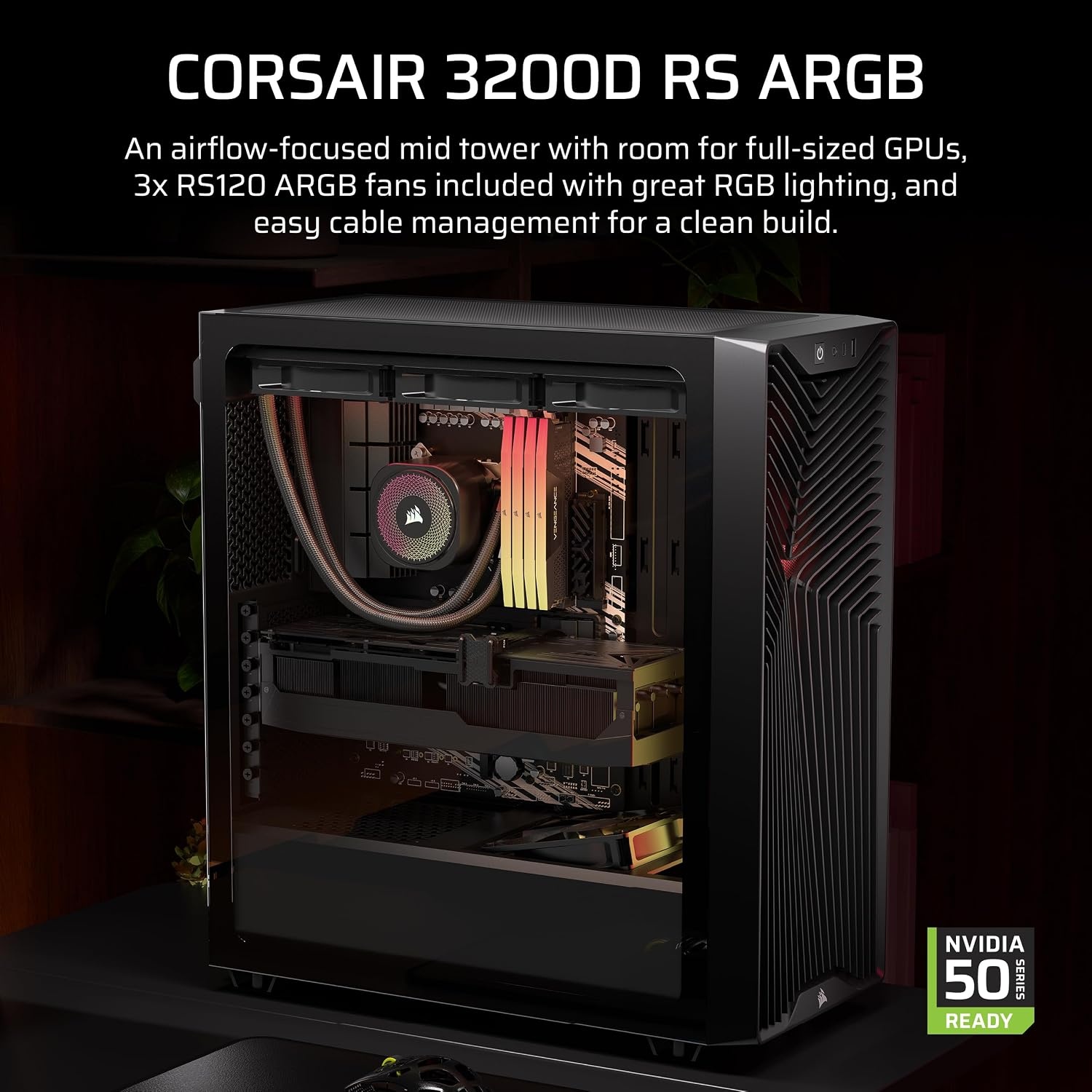 image:imageCORSAIR 3200D RS ARGB MidTower PC Case 3X RS120 ARGB PWM Fans Included GPU Antisag Stabilization Arm ASUS BTF MSI Project Zero Gigabyte Project Stealth SmokeBlack