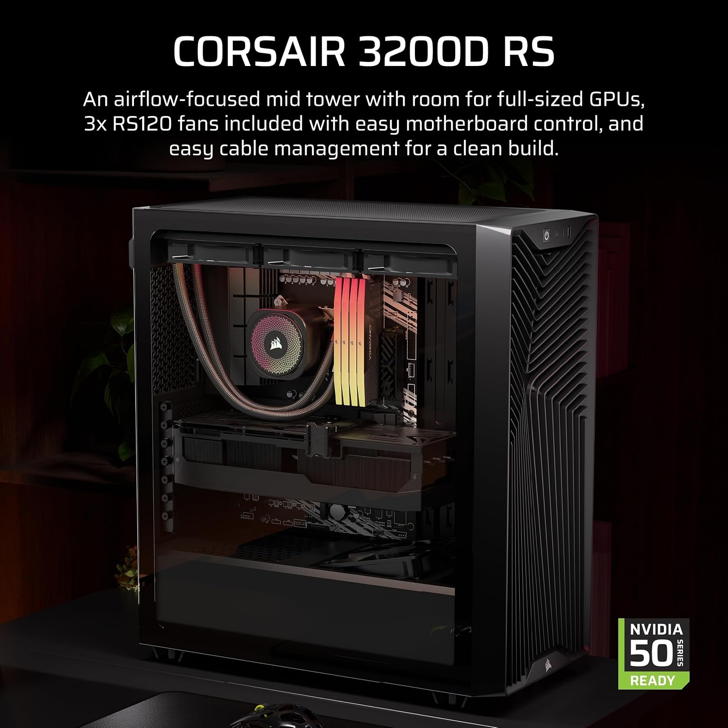image:imageCORSAIR 3200D RS MidTower PC Case 3X RS120 PWM Fans Included GPU Antisag Stabilization Arm ASUS BTF MSI Project Zero Gigabyte Project Stealth BlackBlack