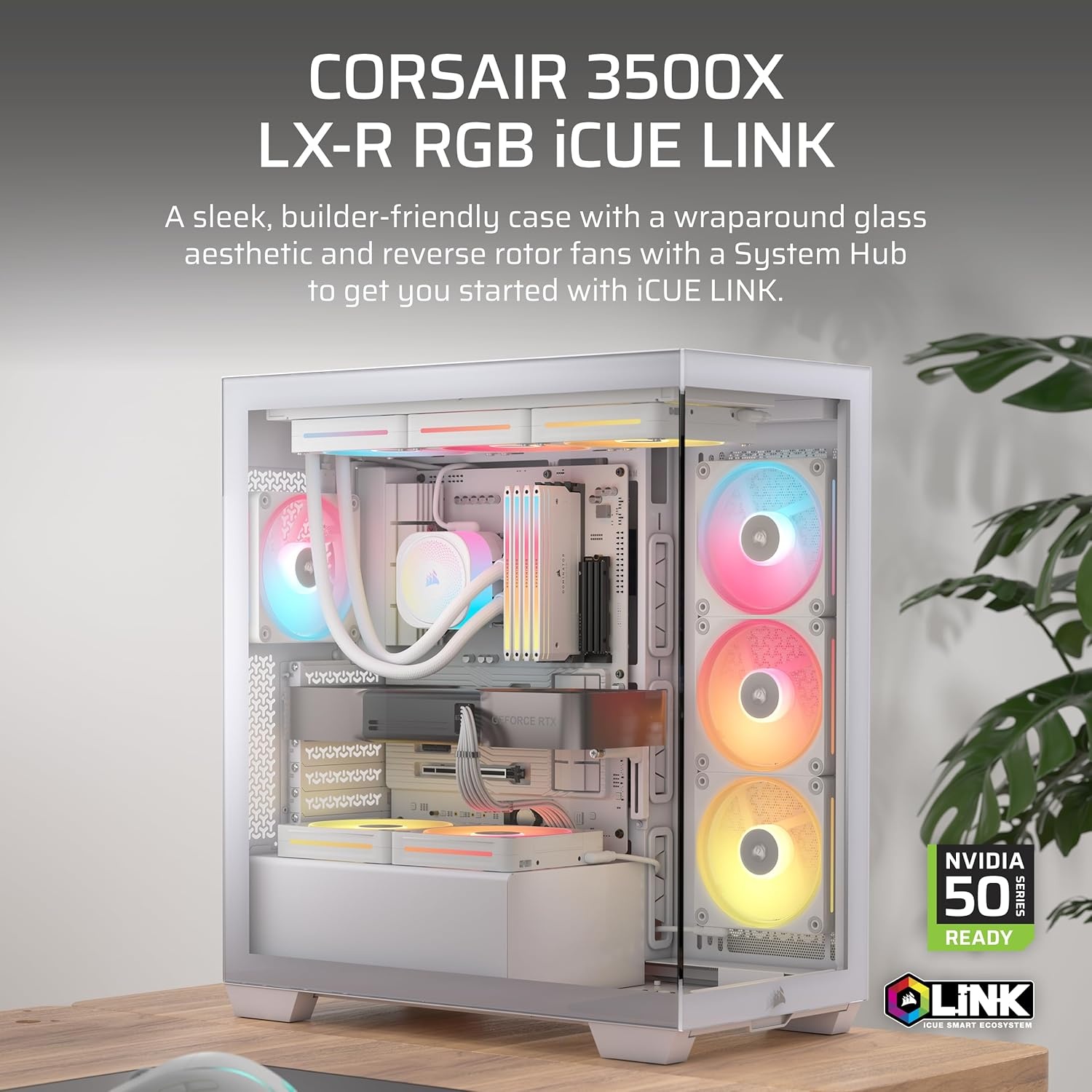image:imageCORSAIR 3500X LX RGB Link Panoramic MidTower PC Case 3X PreInstalled Fans High Airflow Spacious Interior GPU AntiSag Reverse Connection Motherboard Compatible BlackWhite