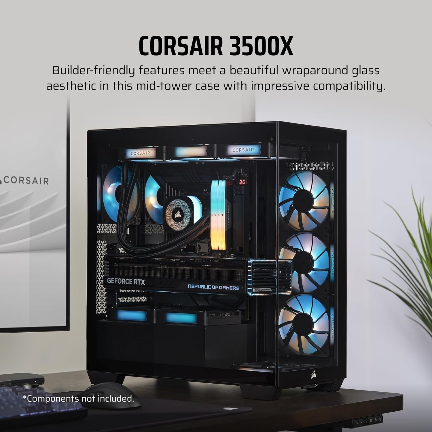 image:imageCORSAIR 3500X MidTower ATX PC Case Panoramic Tempered Glass Reverse Connection Motherboard Compatible No Fans Included WhiteBlack