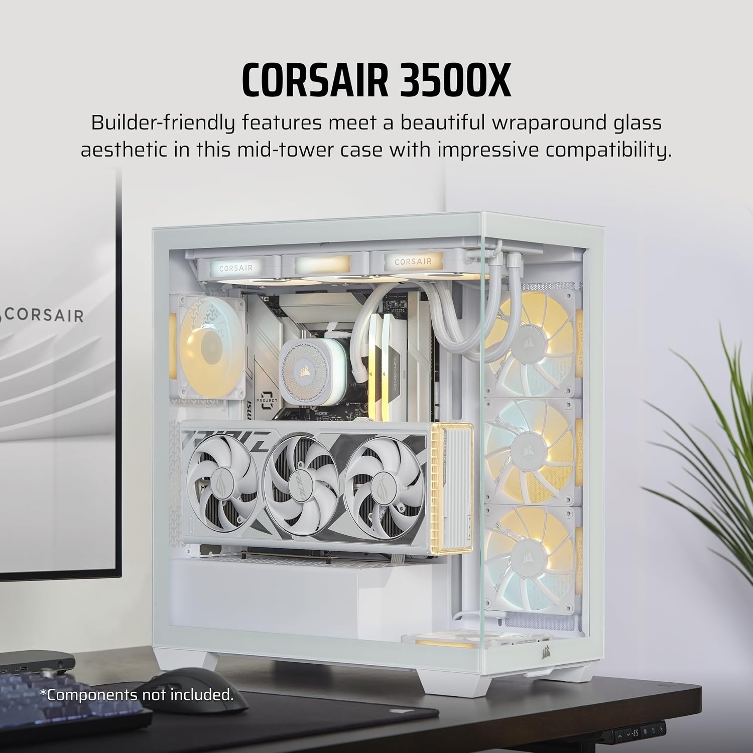 image:imageCORSAIR 3500X MidTower ATX PC Case Panoramic Tempered Glass Reverse Connection Motherboard Compatible No Fans Included WhiteWhite