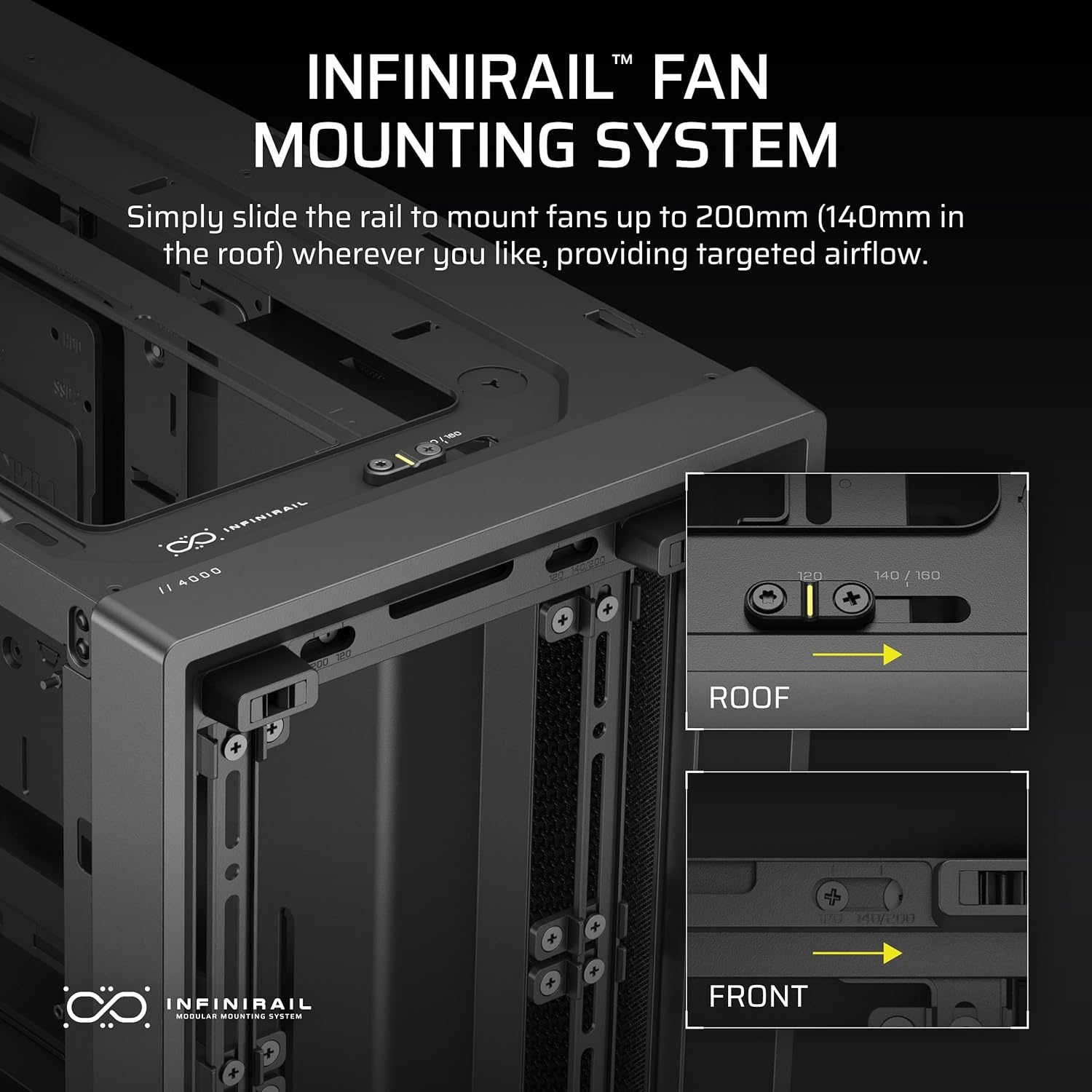 image:imageCORSAIR 4000D Frame Modular MidTower ATX PC Case High Airflow InfiniRail Fan Mounting System Dual 360mm Radiator Support ASUS BTF MSI Project Zero Gigabyte Project Stealth BlackBlack