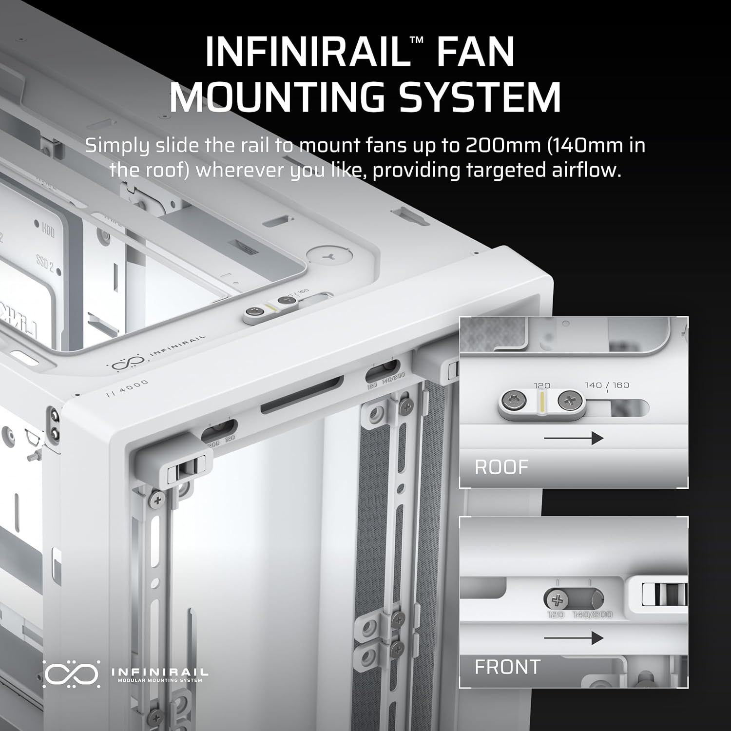 image:imageCORSAIR 4000D Frame Modular MidTower ATX PC Case High Airflow InfiniRail Fan Mounting System Dual 360mm Radiator Support ASUS BTF MSI Project Zero Gigabyte Project Stealth BlackWhite