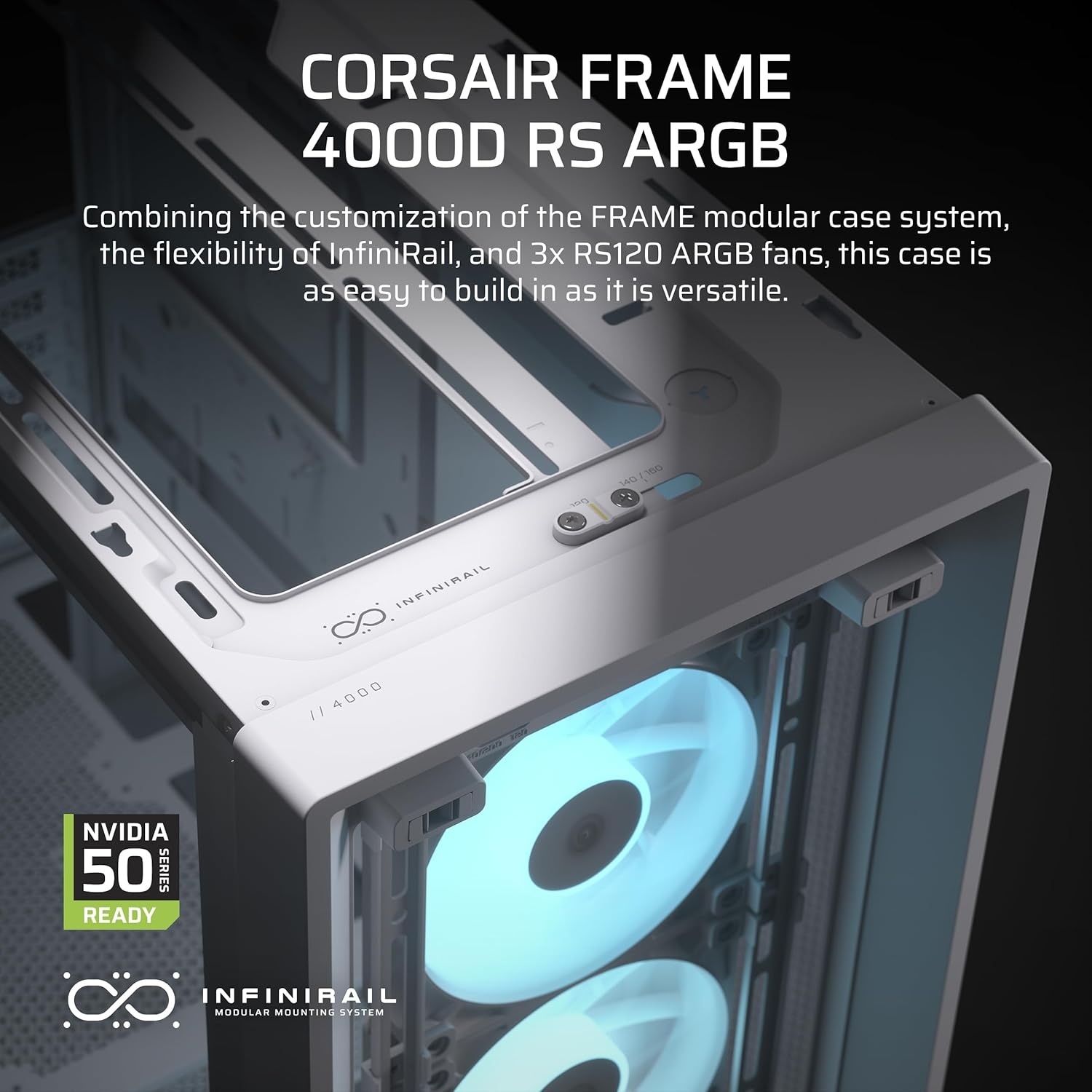 image:imageCORSAIR 4000D RS ARGB Frame Modular MidTower ATX PC Case High Airflow 3X PreInstalled RS Fans InfiniRail Mounting System ASUS BTF MSI Zero Gigabyte Stealth BlackWhite