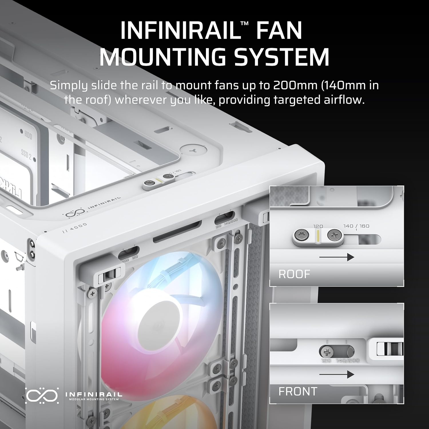 image:imageCORSAIR 4000D RS ARGB Frame Modular MidTower ATX PC Case High Airflow 3X PreInstalled RS Fans InfiniRail Mounting System ASUS BTF MSI Zero Gigabyte Stealth BlackWhite