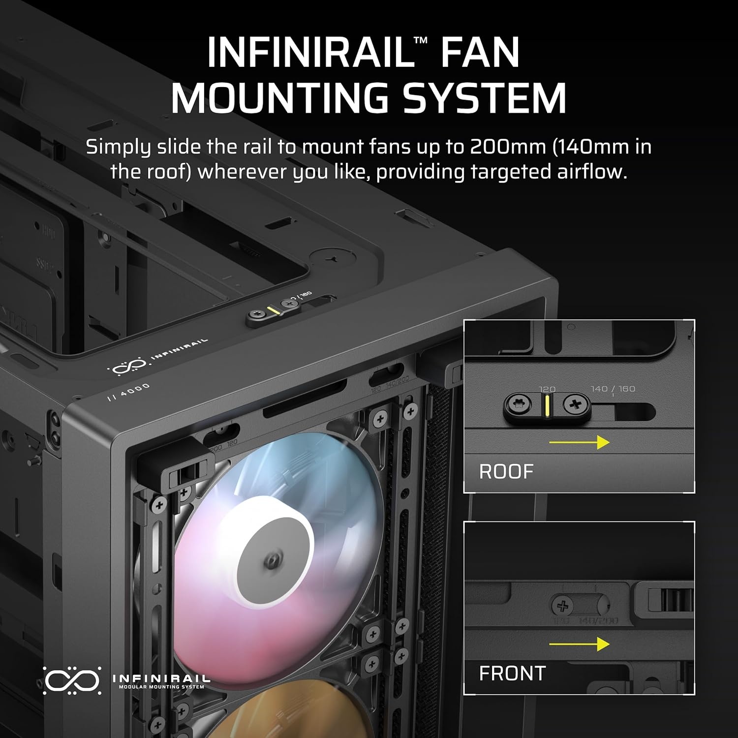 image:imageCORSAIR 4000D RS ARGB Frame Modular MidTower ATX PC Case High Airflow 3X PreInstalled RS Fans InfiniRail Mounting System ASUS BTF MSI Zero Gigabyte Stealth BlackBlack