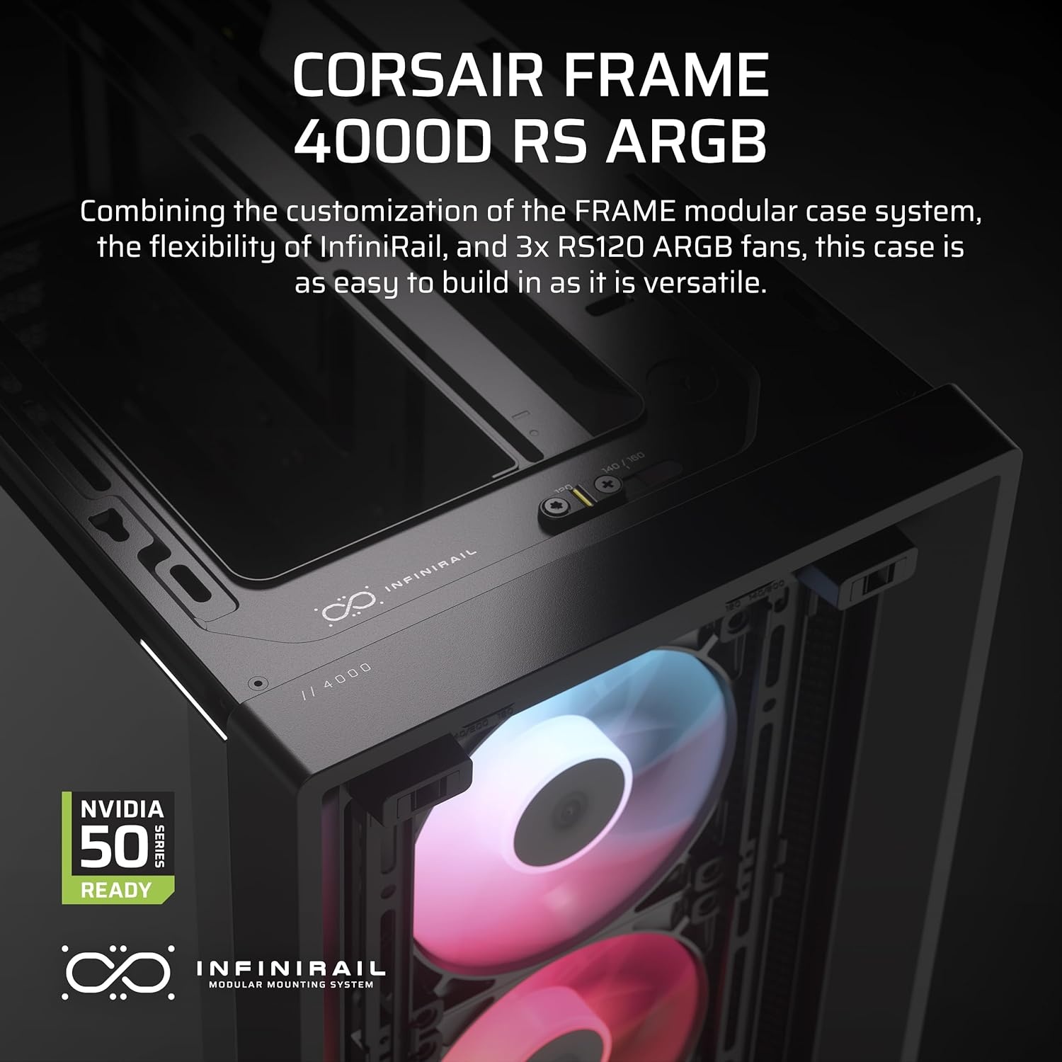 image:imageCORSAIR 4000D RS ARGB Frame Modular MidTower ATX PC Case High Airflow 3X PreInstalled RS Fans InfiniRail Mounting System ASUS BTF MSI Zero Gigabyte Stealth BlackBlack