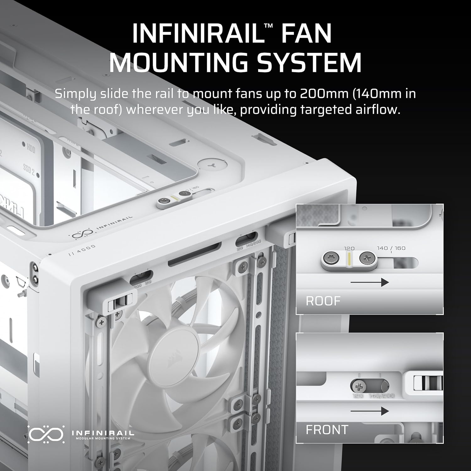 image:imageCORSAIR 4000D RS Frame Modular High Airflow MidTower PC Case 3X CORSAIR RS Fans InfiniRail Fan Mounting System Fits Multiple 360mm Radiators Reverse Connector Motherboard Compatible WhiteWhite