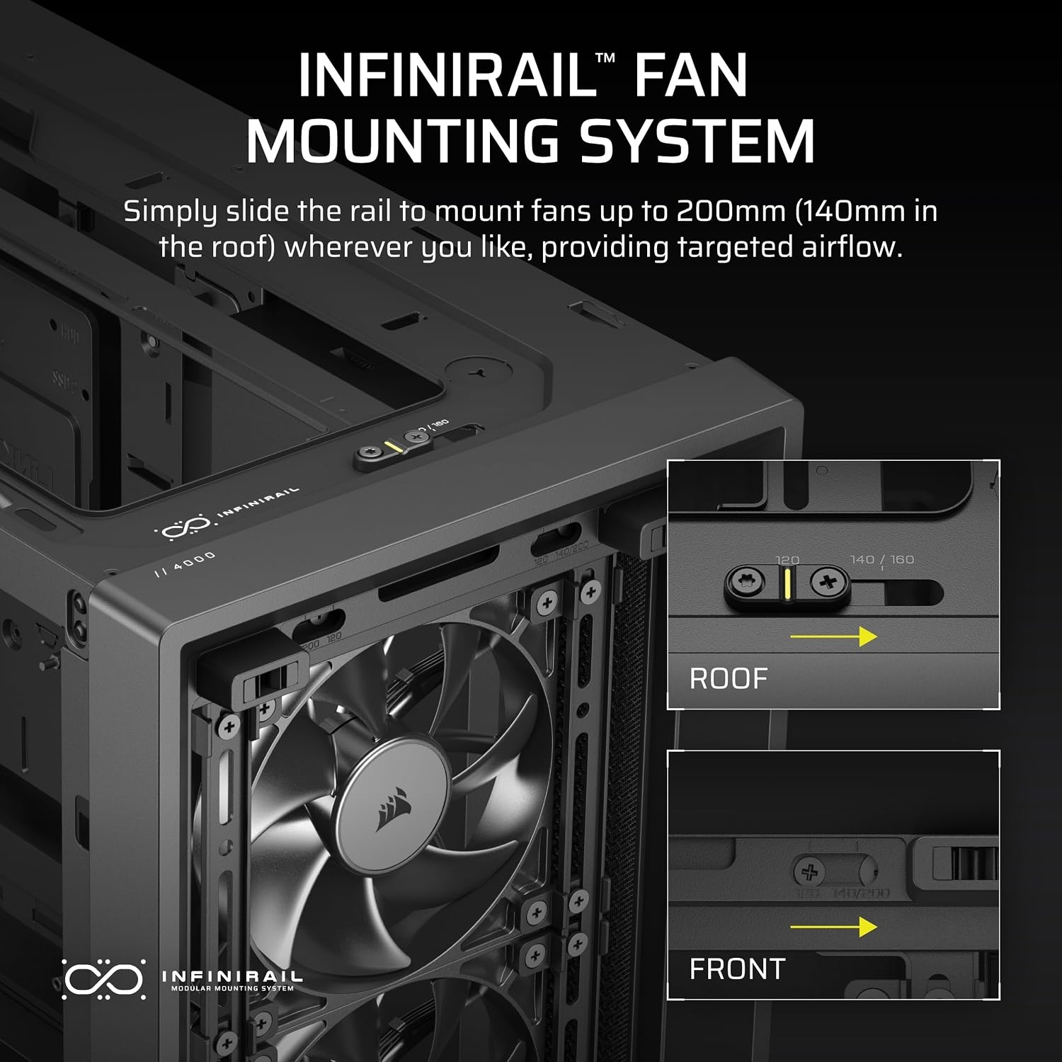 image:imageCORSAIR 4000D RS Frame Modular High Airflow MidTower PC Case 3X CORSAIR RS Fans InfiniRail Fan Mounting System Fits Multiple 360mm Radiators Reverse Connector Motherboard Compatible WhiteBlack