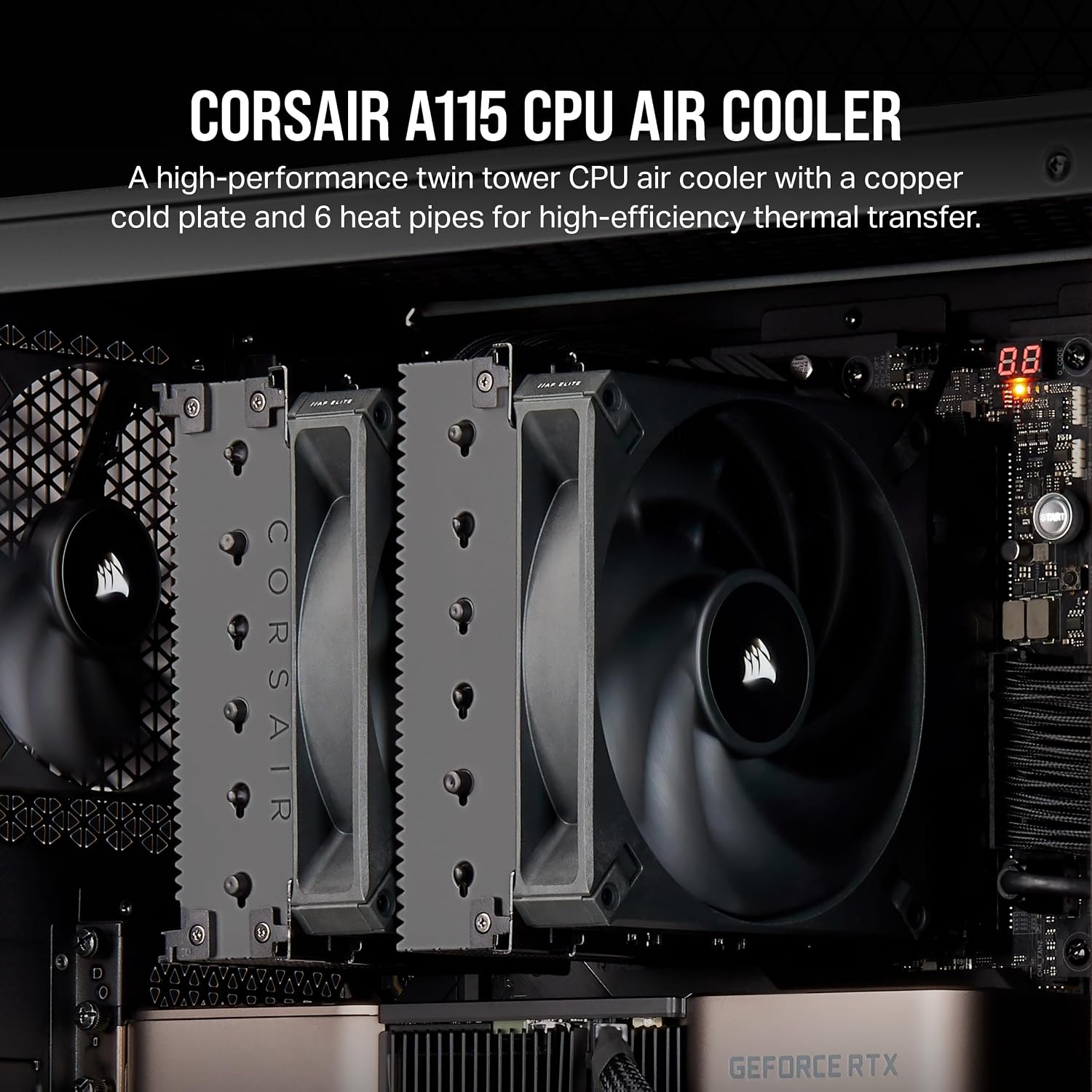 image:imageCORSAIR A115 HighPerformance Tower CPU Air Cooler Cools up to 270W TDP SlideandLock Fan Mount Two Corsair AF140 Elite Fans Easy to Install PreApplied Thermal Paste BlackA115