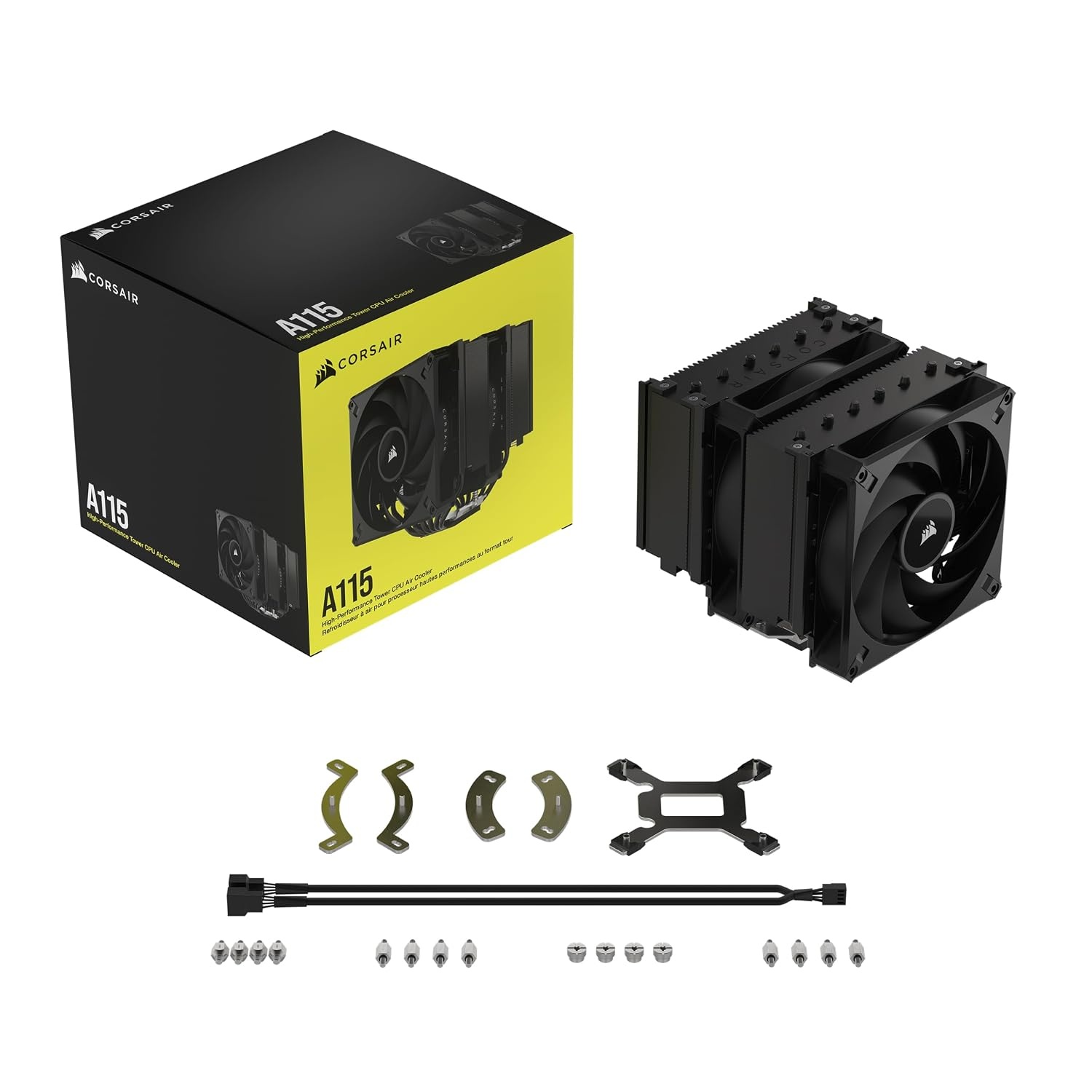 image:imageCORSAIR A115 HighPerformance Tower CPU Air Cooler Cools up to 270W TDP SlideandLock Fan Mount Two Corsair AF140 Elite Fans Easy to Install PreApplied Thermal Paste BlackA115