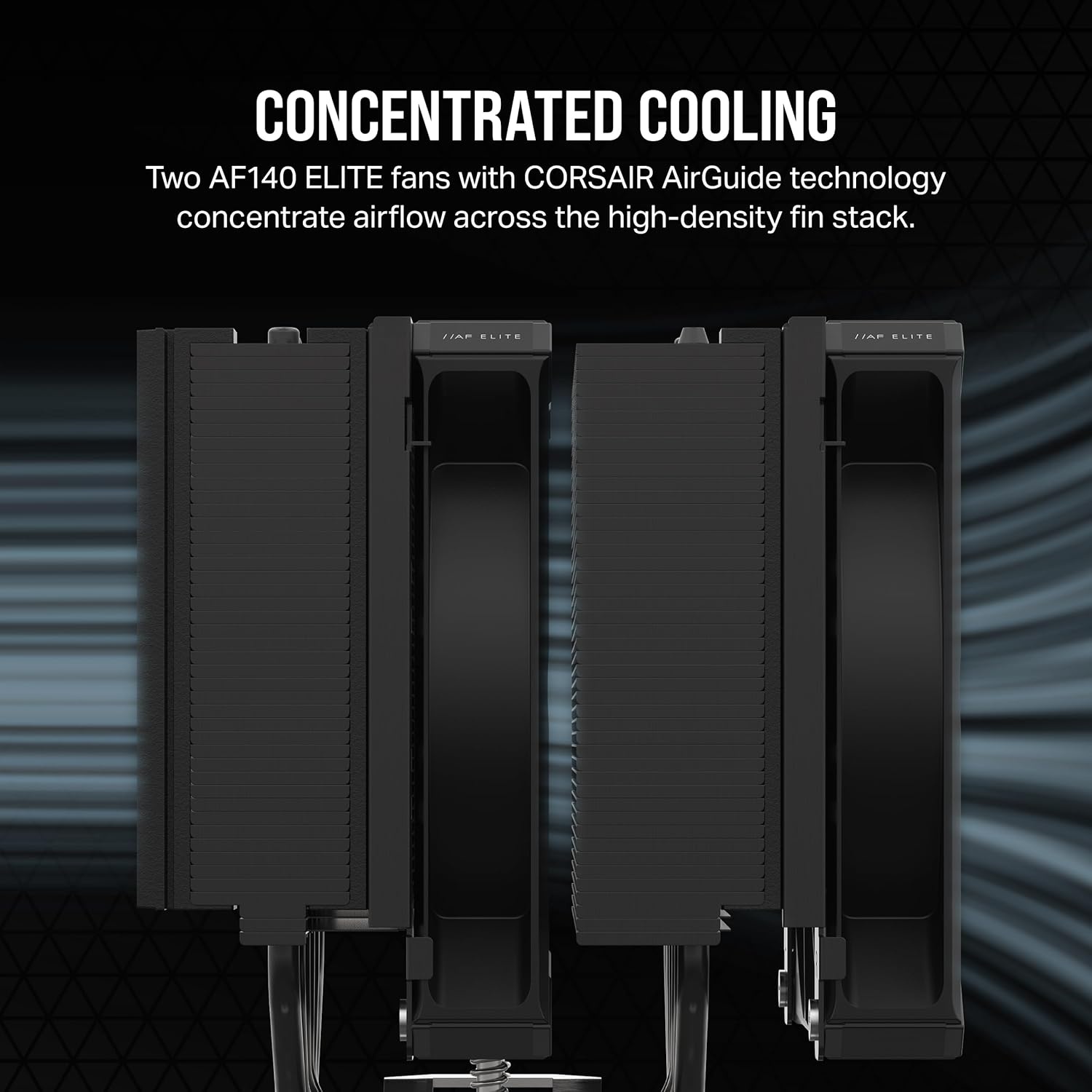 image:imageCORSAIR A115 HighPerformance Tower CPU Air Cooler Cools up to 270W TDP SlideandLock Fan Mount Two Corsair AF140 Elite Fans Easy to Install PreApplied Thermal Paste BlackA115