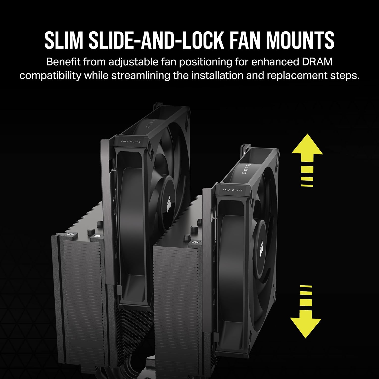 image:imageCORSAIR A115 HighPerformance Tower CPU Air Cooler Cools up to 270W TDP SlideandLock Fan Mount Two Corsair AF140 Elite Fans Easy to Install PreApplied Thermal Paste BlackA115