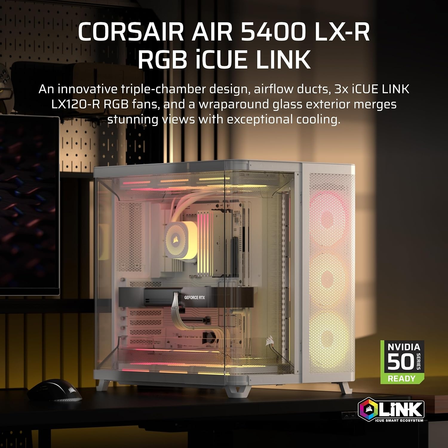 image:imageCORSAIR AIR 5400 LXR RGB iCUE Link TripleChamber MidTower Panoramic PC Case 3X PreInstalled ReverseRotor LXR RGB Fans LowNoise High Airflow Ducts Reverse Motherboard Support BlackWhite