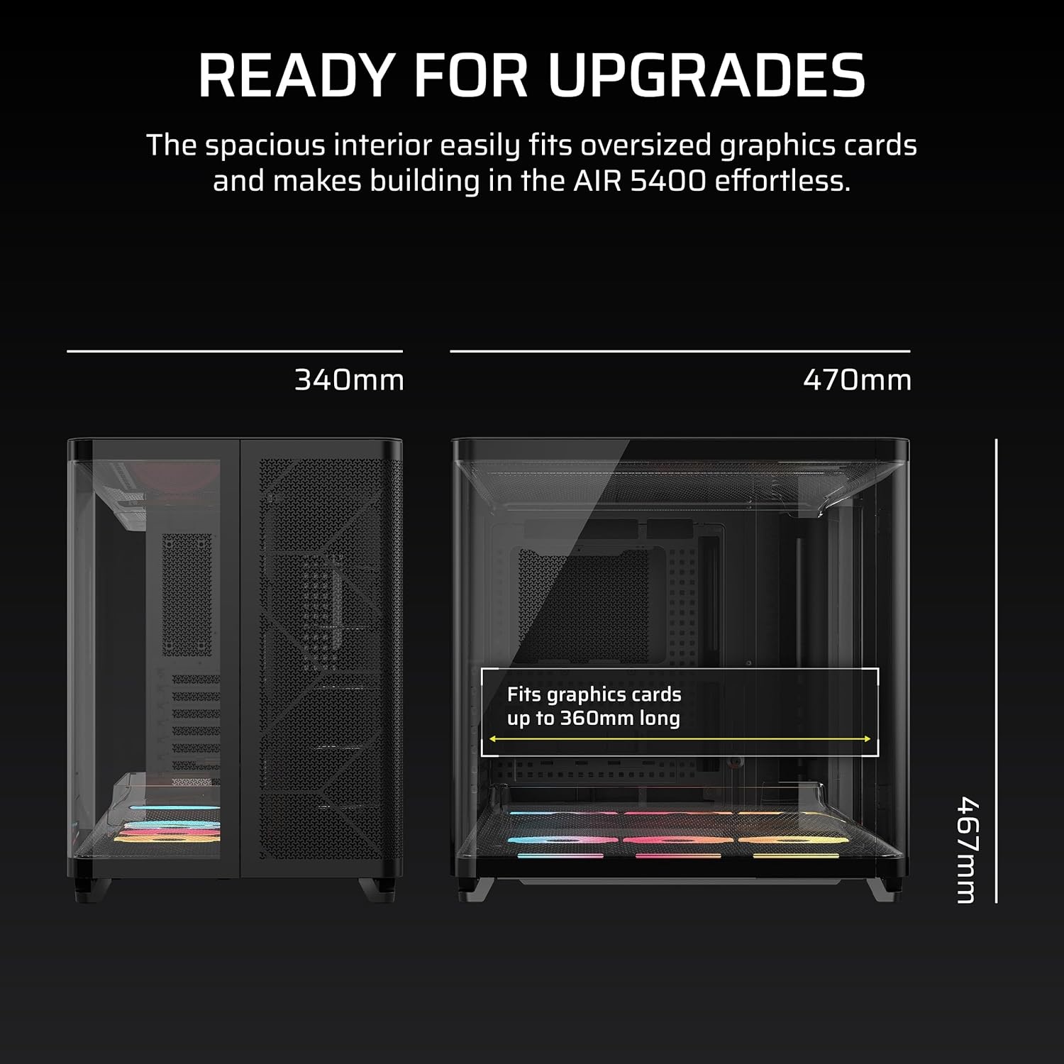 image:imageCORSAIR AIR 5400 LXR RGB iCUE Link TripleChamber MidTower Panoramic PC Case 3X PreInstalled ReverseRotor LXR RGB Fans LowNoise High Airflow Ducts Reverse Motherboard Support BlackBlack
