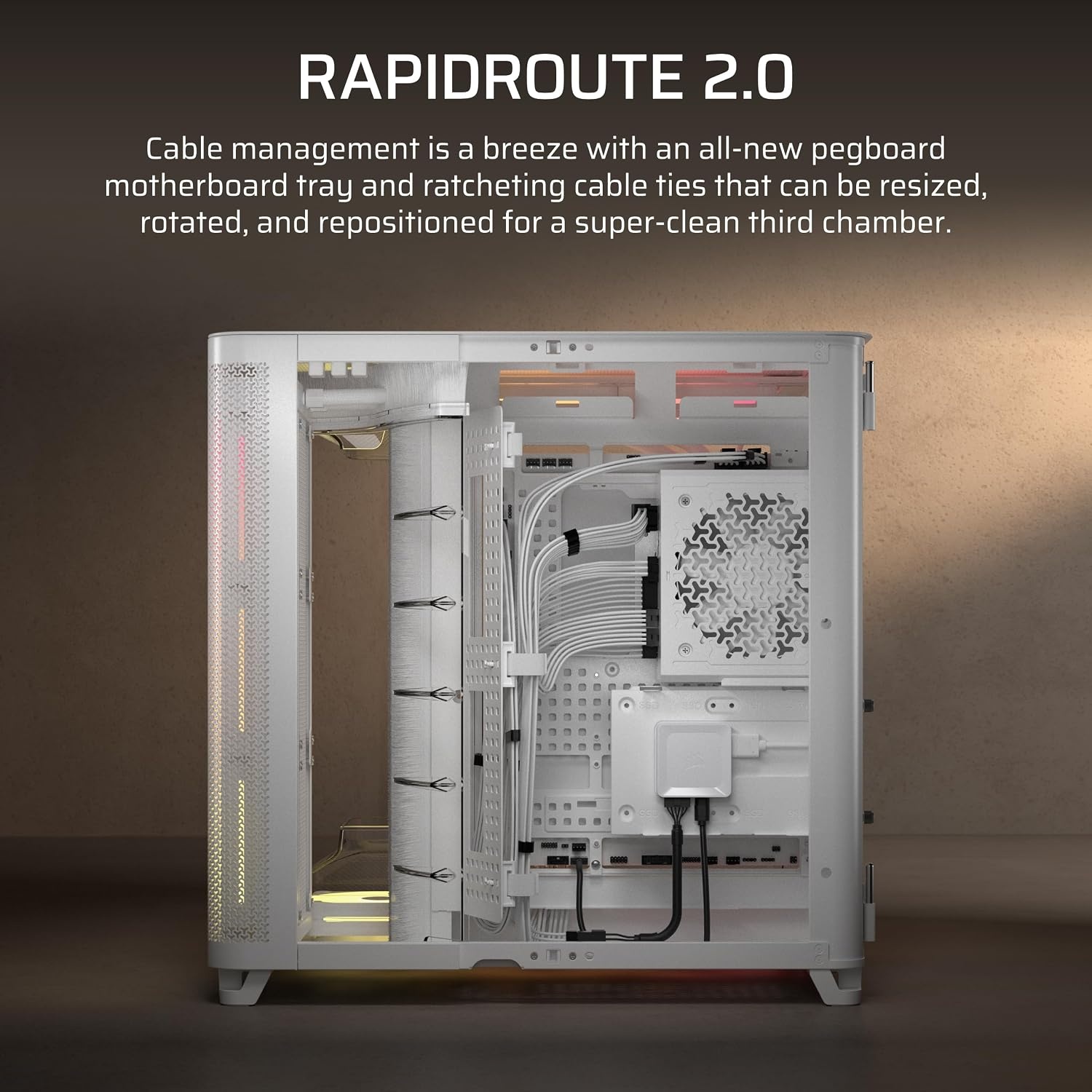 image:imageCORSAIR AIR 5400 LXR RGB iCUE Link TripleChamber MidTower Panoramic PC Case 3X PreInstalled ReverseRotor LXR RGB Fans LowNoise High Airflow Ducts Reverse Motherboard Support BlackWhite