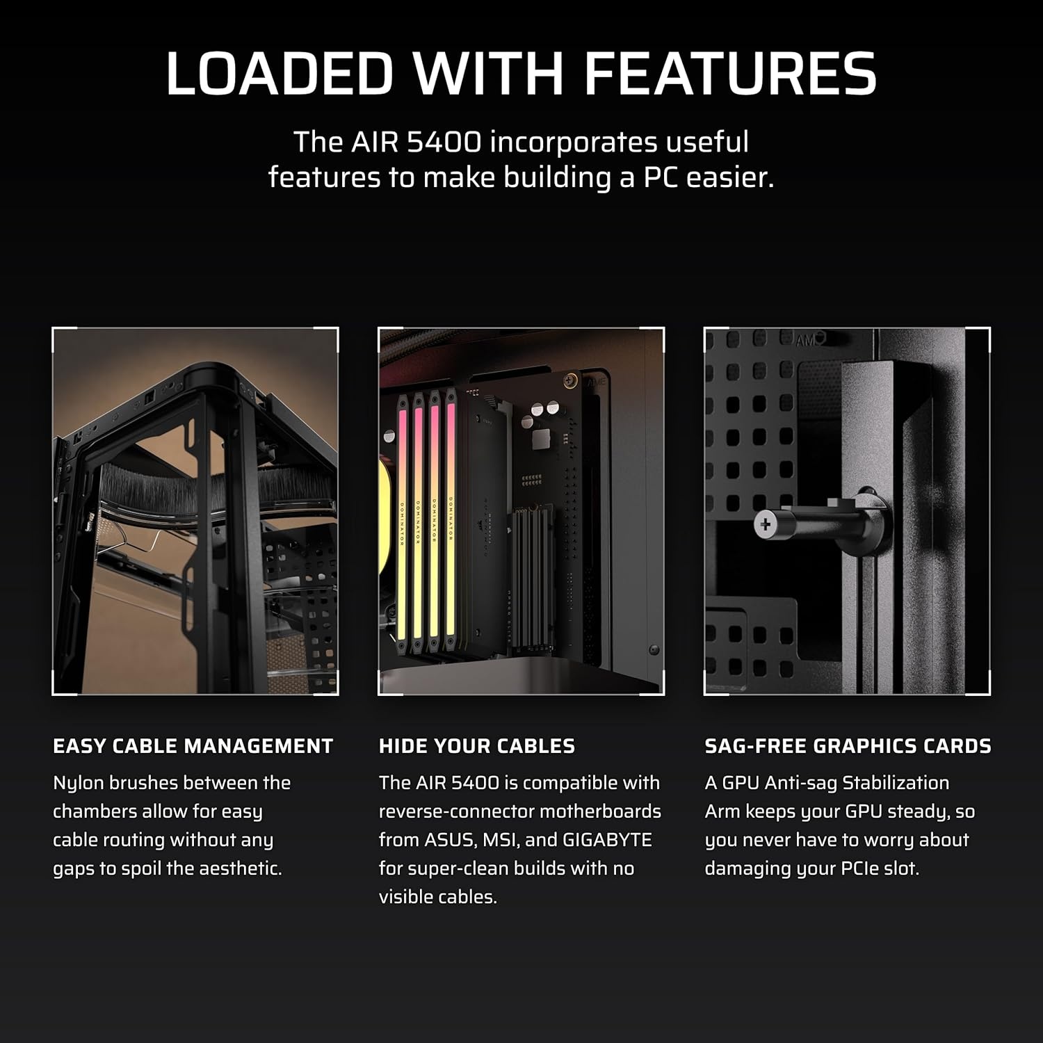 image:imageCORSAIR AIR 5400 LXR RGB iCUE Link TripleChamber MidTower Panoramic PC Case 3X PreInstalled ReverseRotor LXR RGB Fans LowNoise High Airflow Ducts Reverse Motherboard Support BlackBlack