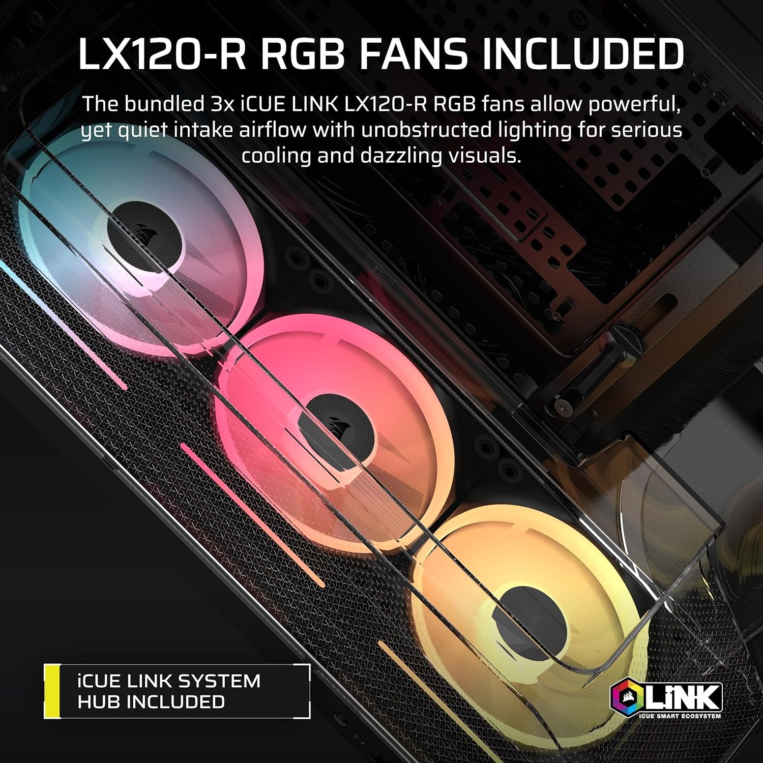 image:imageCORSAIR AIR 5400 LXR RGB iCUE Link TripleChamber MidTower Panoramic PC Case 3X PreInstalled ReverseRotor LXR RGB Fans LowNoise High Airflow Ducts Reverse Motherboard Support BlackBlack