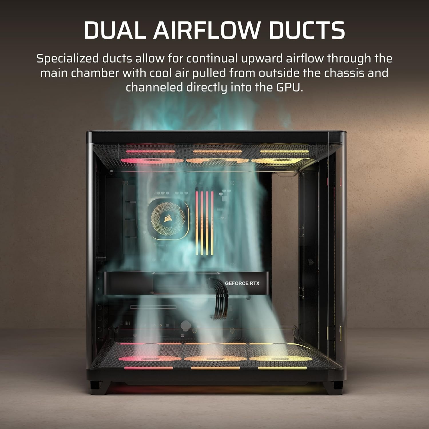 image:imageCORSAIR AIR 5400 LXR RGB iCUE Link TripleChamber MidTower Panoramic PC Case 3X PreInstalled ReverseRotor LXR RGB Fans LowNoise High Airflow Ducts Reverse Motherboard Support BlackBlack