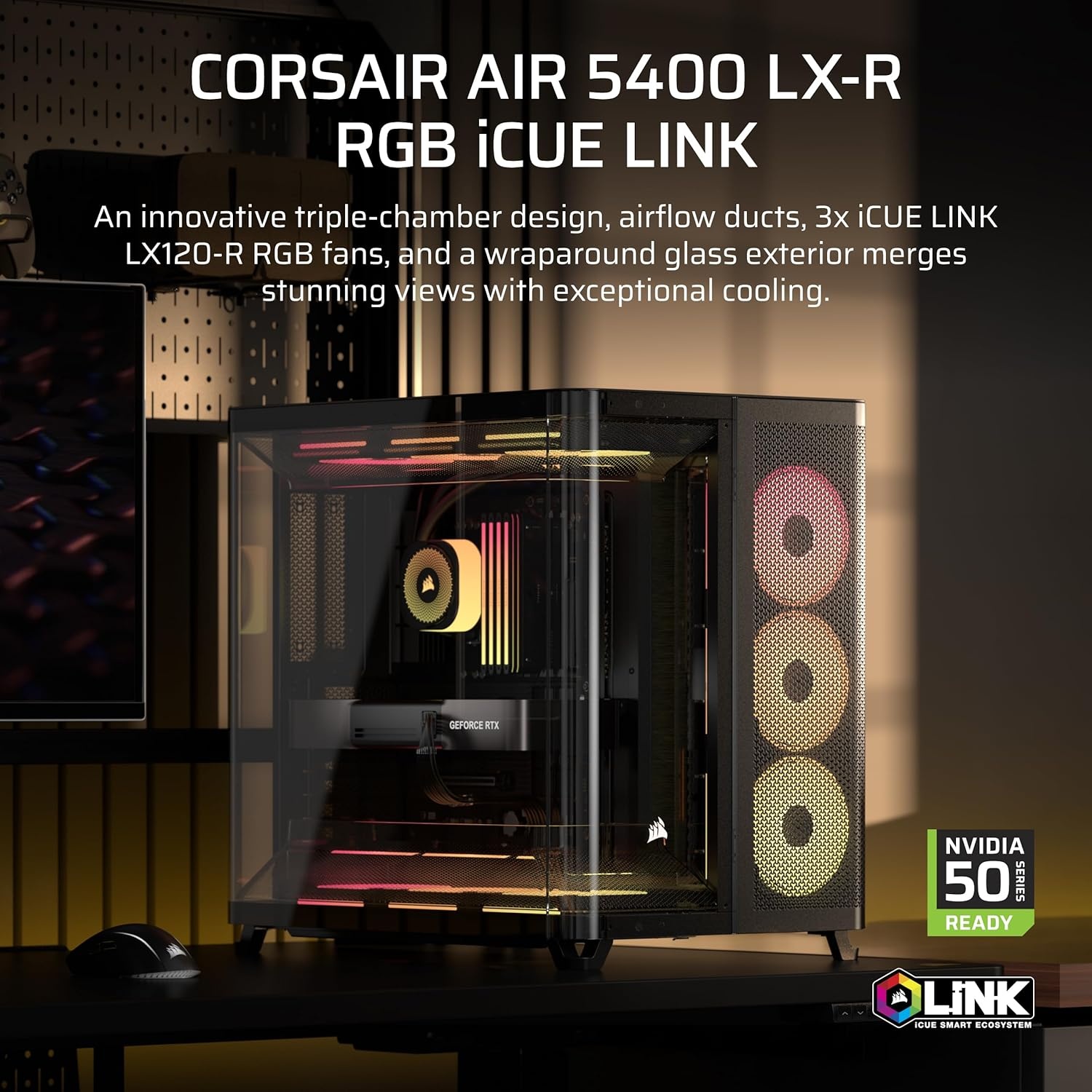 image:imageCORSAIR AIR 5400 LXR RGB iCUE Link TripleChamber MidTower Panoramic PC Case 3X PreInstalled ReverseRotor LXR RGB Fans LowNoise High Airflow Ducts Reverse Motherboard Support BlackBlack