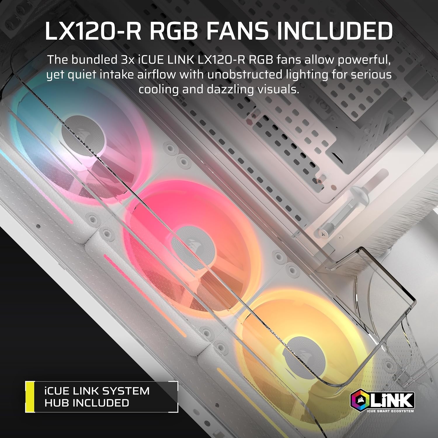 image:imageCORSAIR AIR 5400 LXR RGB iCUE Link TripleChamber MidTower Panoramic PC Case 3X PreInstalled ReverseRotor LXR RGB Fans LowNoise High Airflow Ducts Reverse Motherboard Support BlackWhite