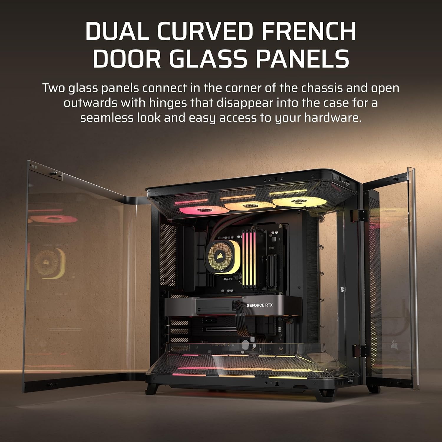 image:imageCORSAIR AIR 5400 LXR RGB iCUE Link TripleChamber MidTower Panoramic PC Case 3X PreInstalled ReverseRotor LXR RGB Fans LowNoise High Airflow Ducts Reverse Motherboard Support BlackBlack
