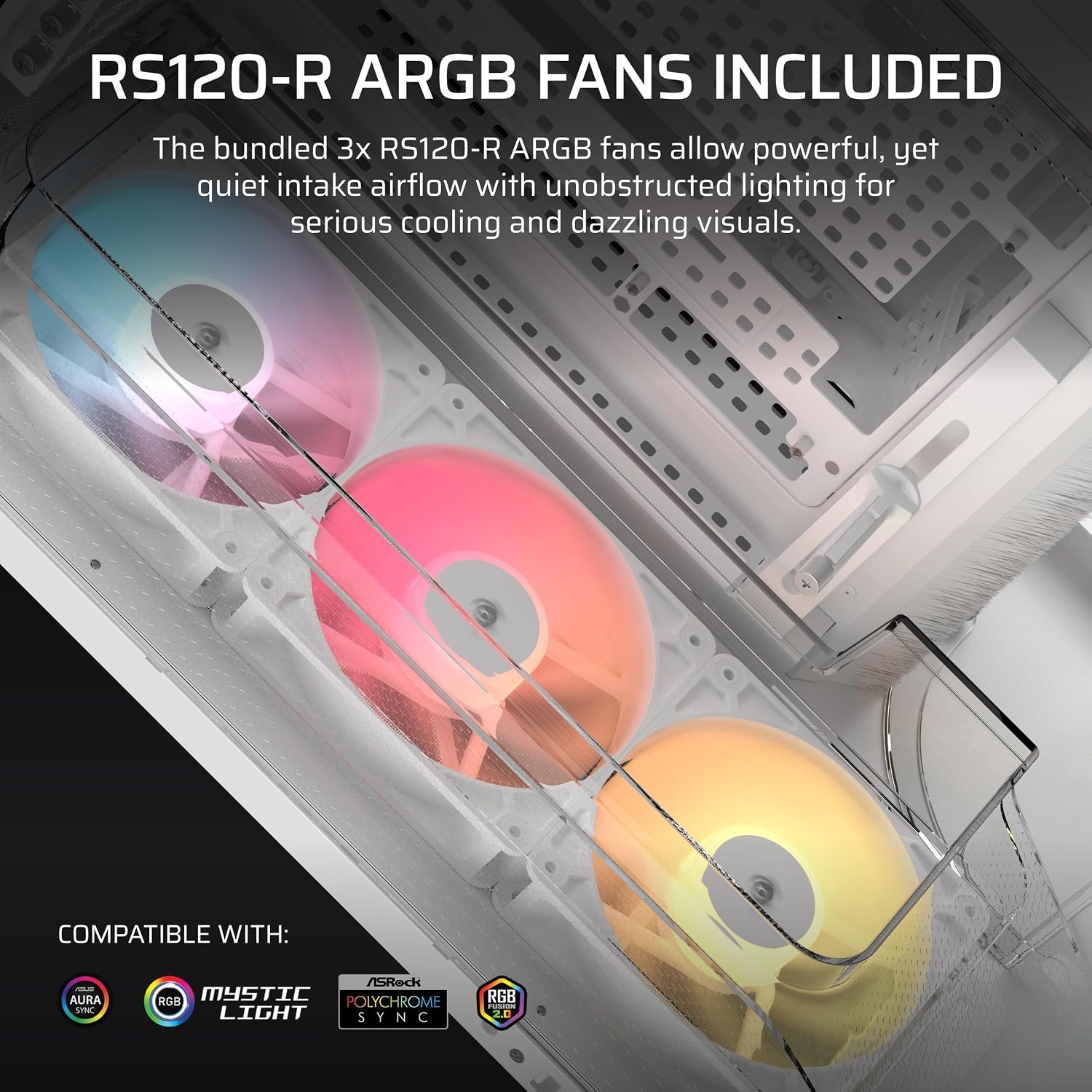 image:imageCORSAIR AIR 5400 RSR ARGB TripleChamber MidTower Panoramic PC Case 3X PreInstalled ReverseRotor RS120R ARGB Fans LowNoise High Airflow Ducts Reverse Motherboard Support WhiteWhite