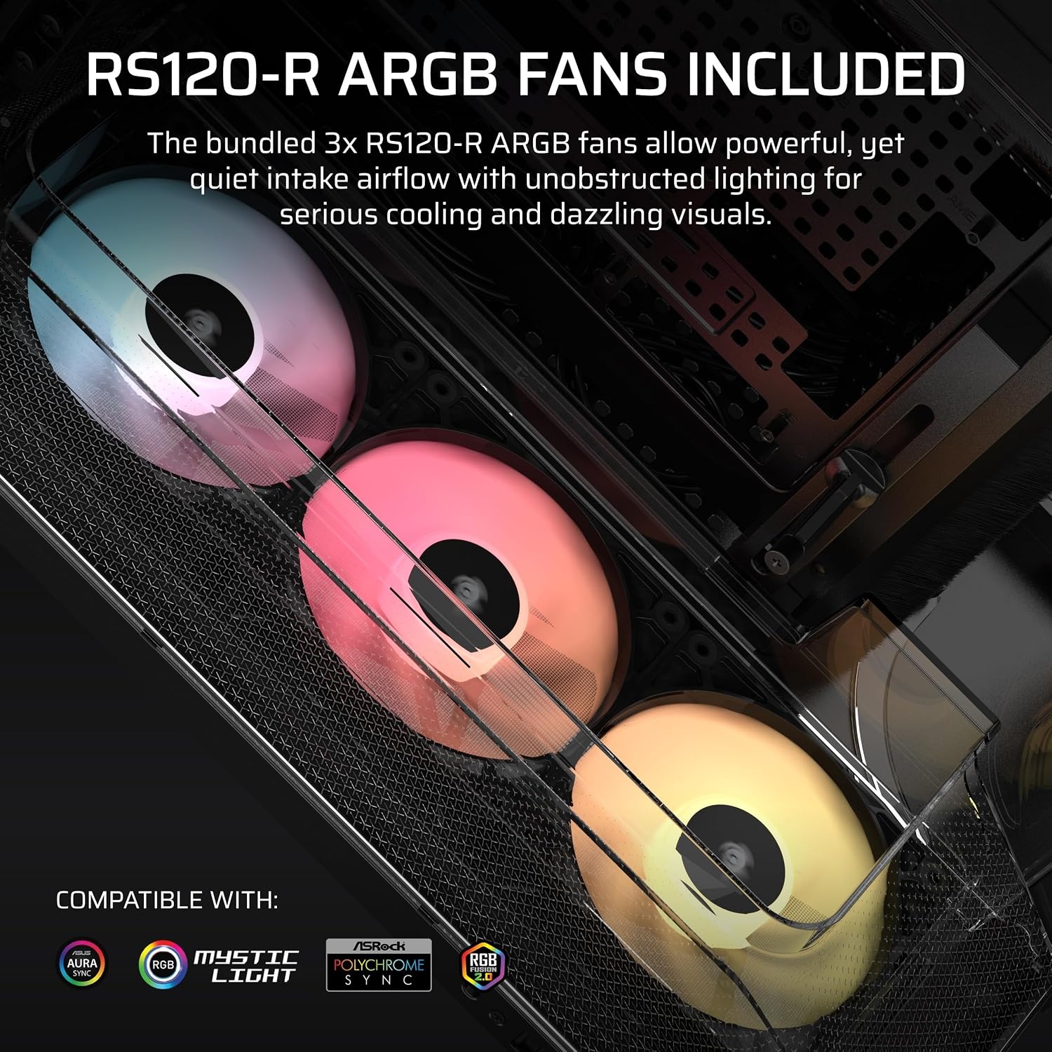 image:imageCORSAIR AIR 5400 RSR ARGB TripleChamber MidTower Panoramic PC Case 3X PreInstalled ReverseRotor RS120R ARGB Fans LowNoise High Airflow Ducts Reverse Motherboard Support WhiteBlack