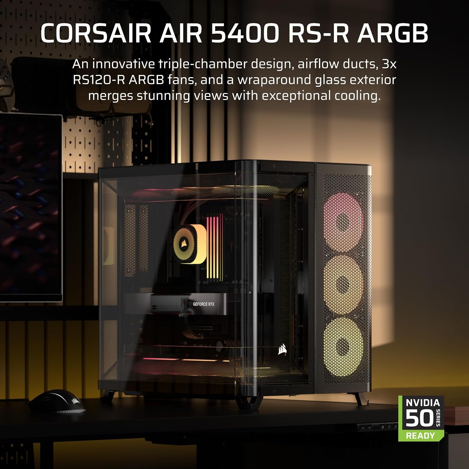 image:imageCORSAIR AIR 5400 RSR ARGB TripleChamber MidTower Panoramic PC Case 3X PreInstalled ReverseRotor RS120R ARGB Fans LowNoise High Airflow Ducts Reverse Motherboard Support WhiteBlack