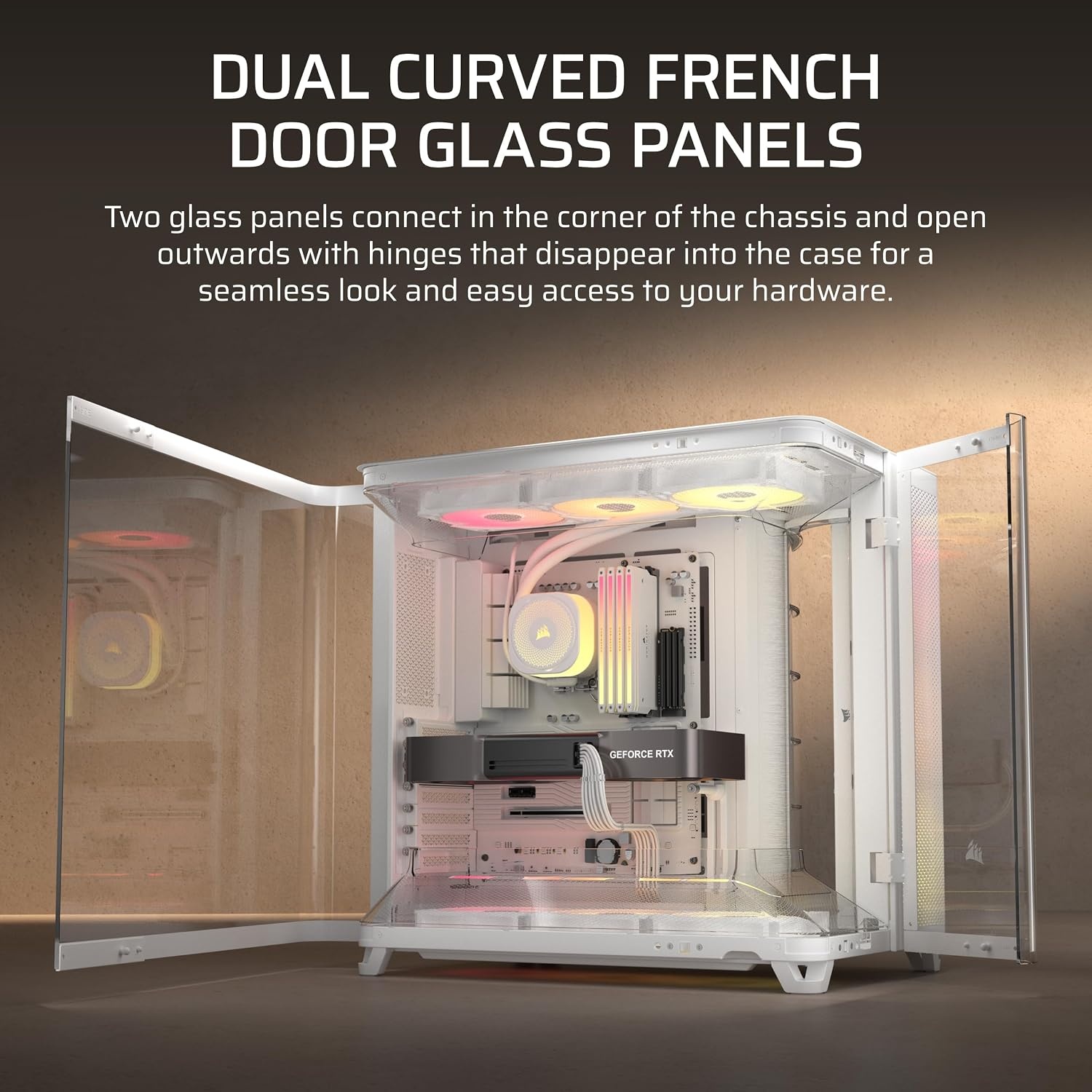 image:imageCORSAIR AIR 5400 RSR ARGB TripleChamber MidTower Panoramic PC Case 3X PreInstalled ReverseRotor RS120R ARGB Fans LowNoise High Airflow Ducts Reverse Motherboard Support WhiteWhite