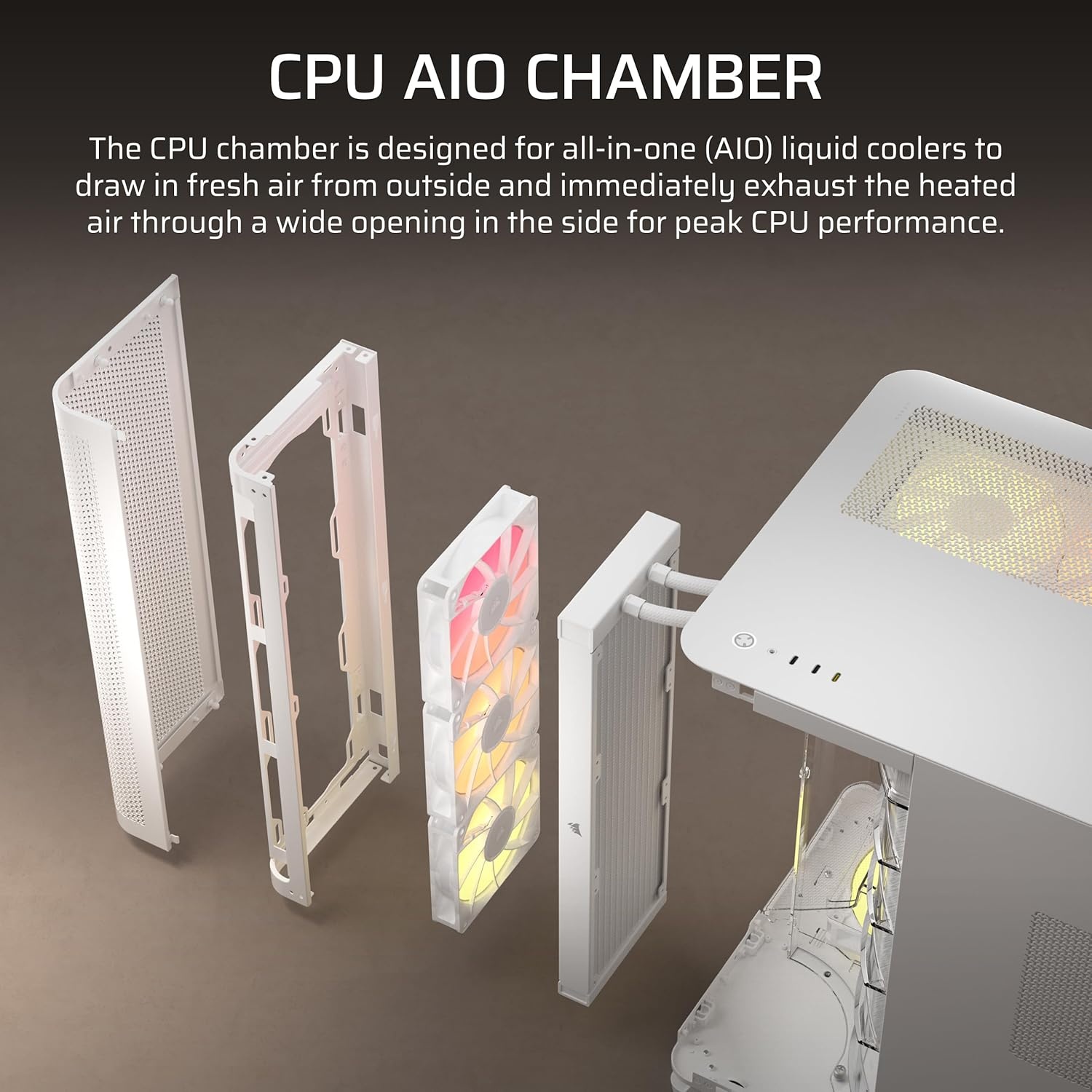 image:imageCORSAIR AIR 5400 RSR ARGB TripleChamber MidTower Panoramic PC Case 3X PreInstalled ReverseRotor RS120R ARGB Fans LowNoise High Airflow Ducts Reverse Motherboard Support WhiteWhite