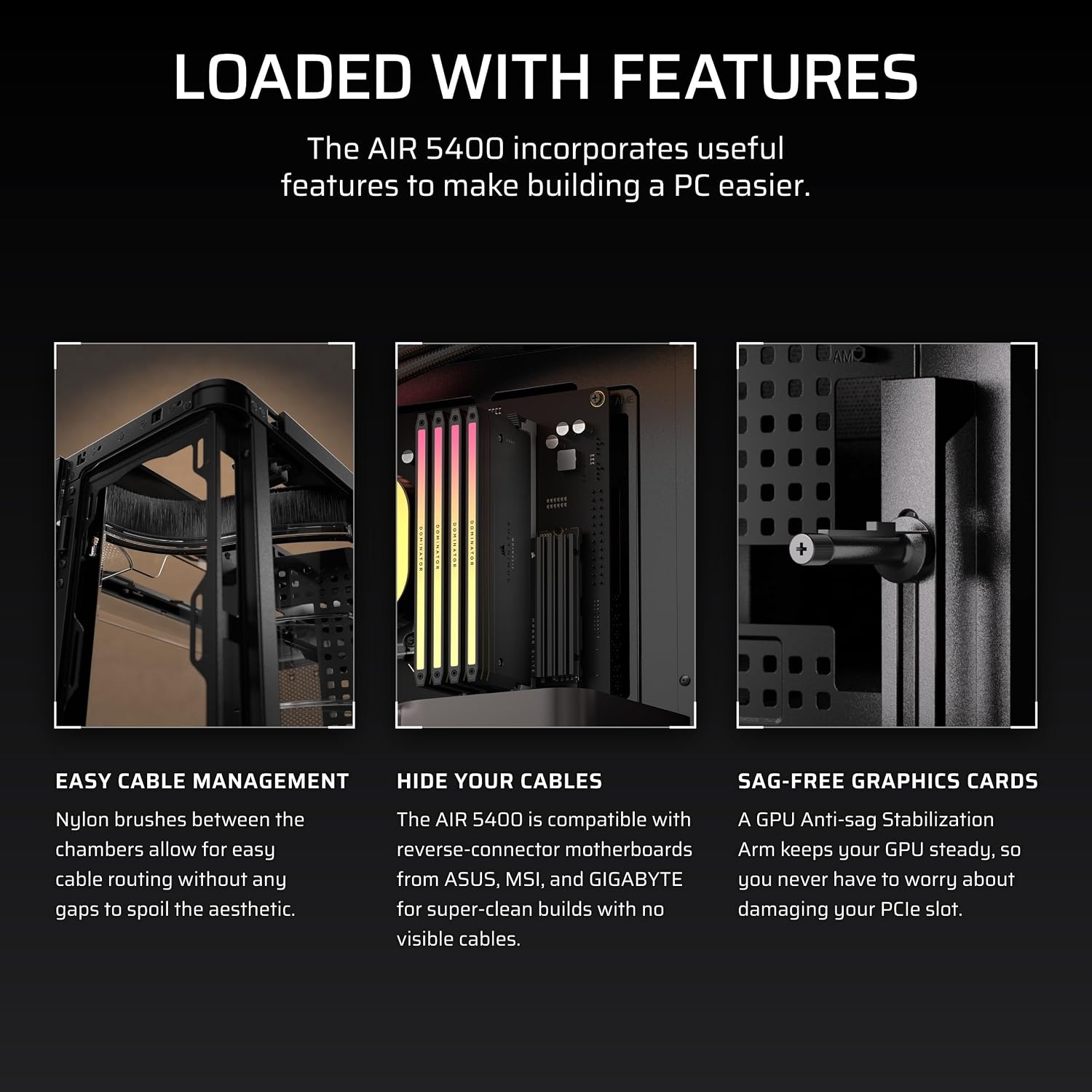 image:imageCORSAIR AIR 5400 RSR ARGB TripleChamber MidTower Panoramic PC Case 3X PreInstalled ReverseRotor RS120R ARGB Fans LowNoise High Airflow Ducts Reverse Motherboard Support WhiteBlack