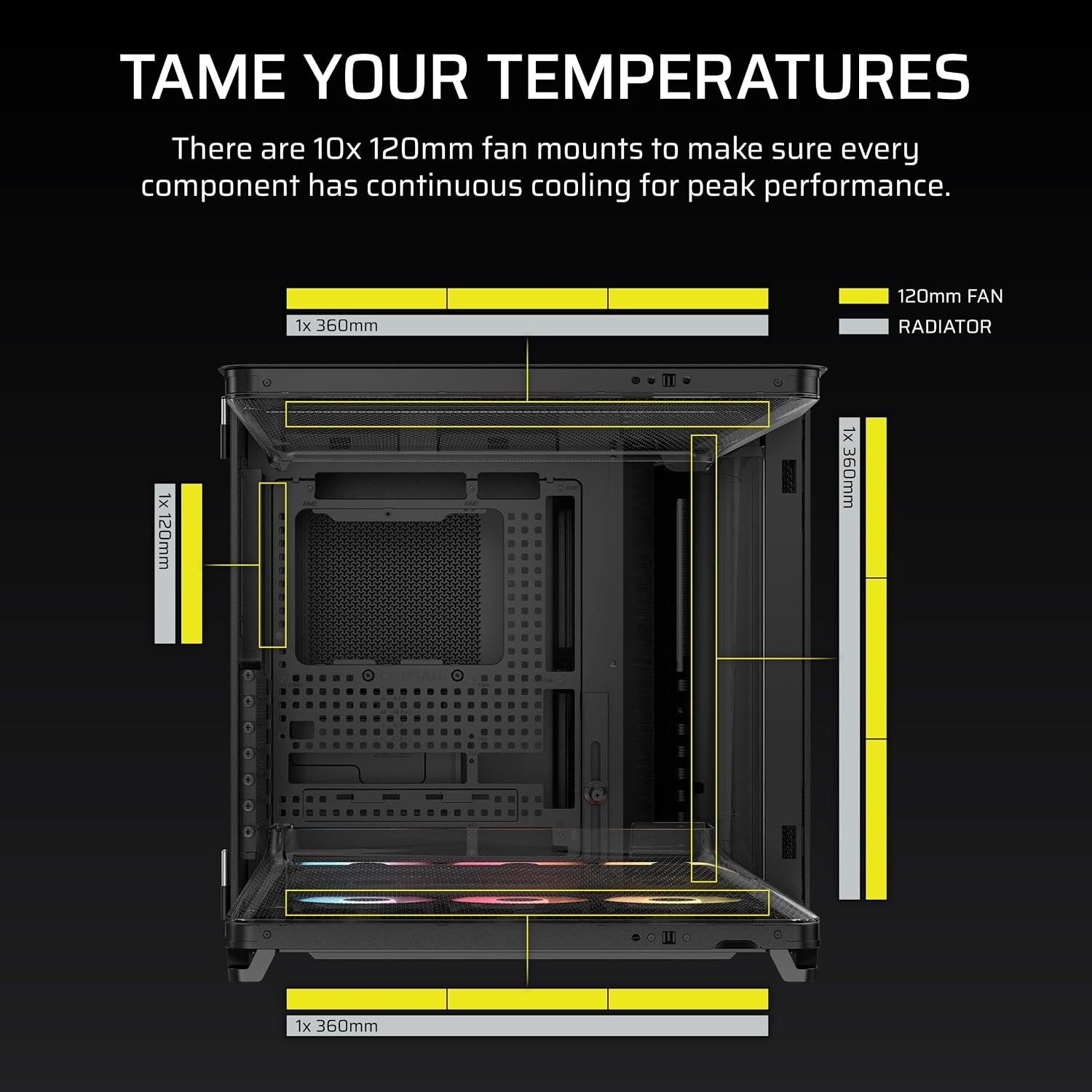 image:imageCORSAIR AIR 5400 RSR ARGB TripleChamber MidTower Panoramic PC Case 3X PreInstalled ReverseRotor RS120R ARGB Fans LowNoise High Airflow Ducts Reverse Motherboard Support WhiteBlack