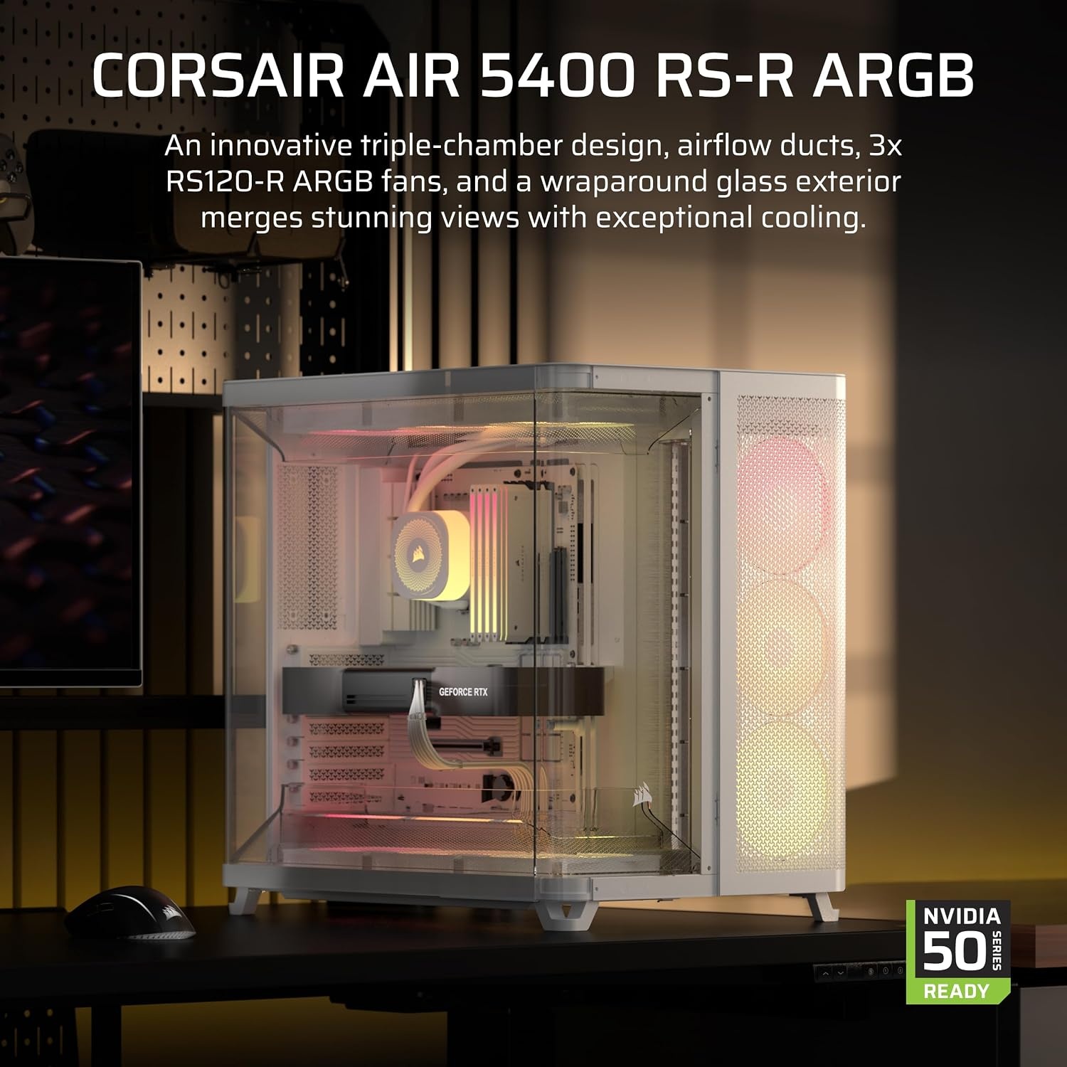image:imageCORSAIR AIR 5400 RSR ARGB TripleChamber MidTower Panoramic PC Case 3X PreInstalled ReverseRotor RS120R ARGB Fans LowNoise High Airflow Ducts Reverse Motherboard Support WhiteWhite