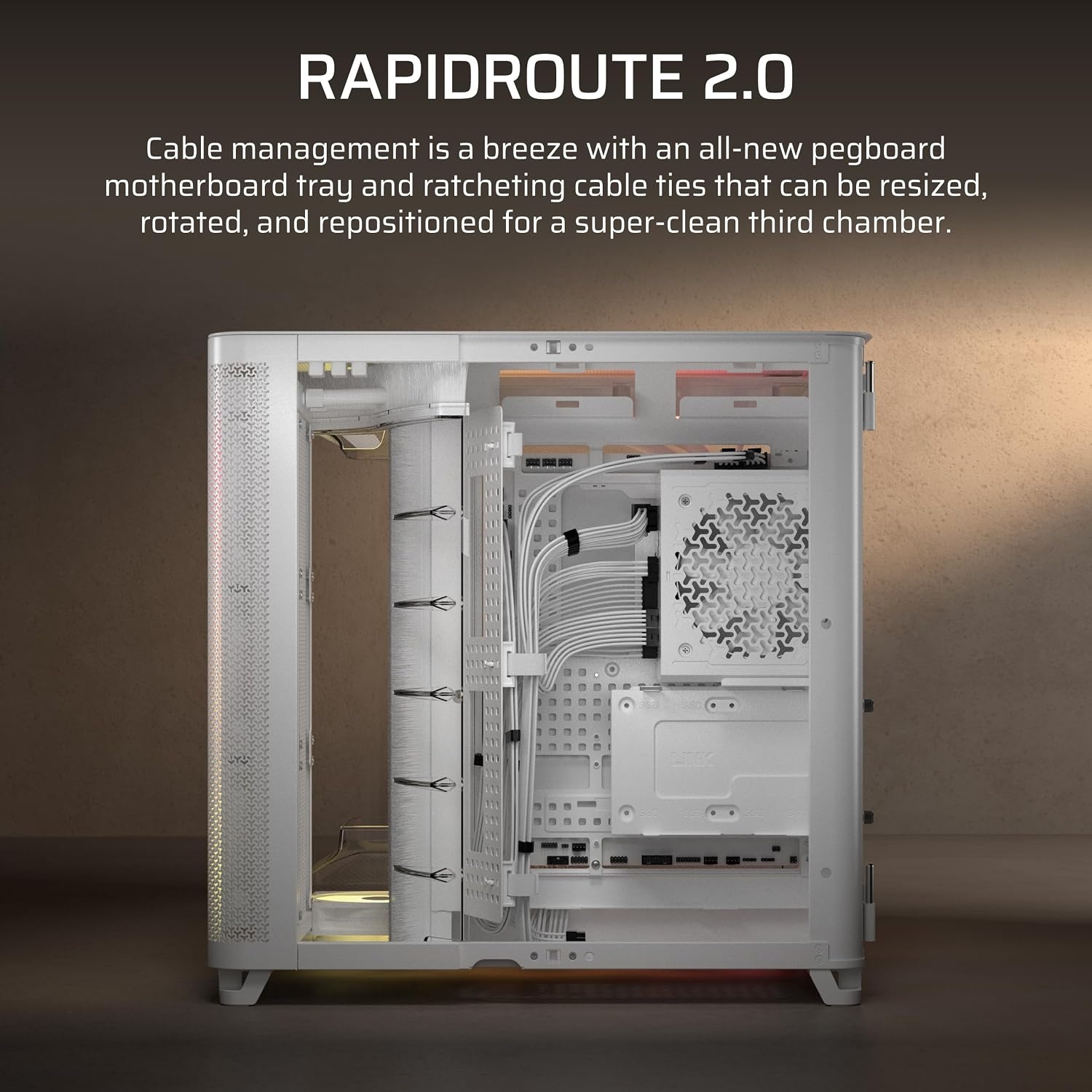 image:imageCORSAIR AIR 5400 RSR ARGB TripleChamber MidTower Panoramic PC Case 3X PreInstalled ReverseRotor RS120R ARGB Fans LowNoise High Airflow Ducts Reverse Motherboard Support WhiteWhite
