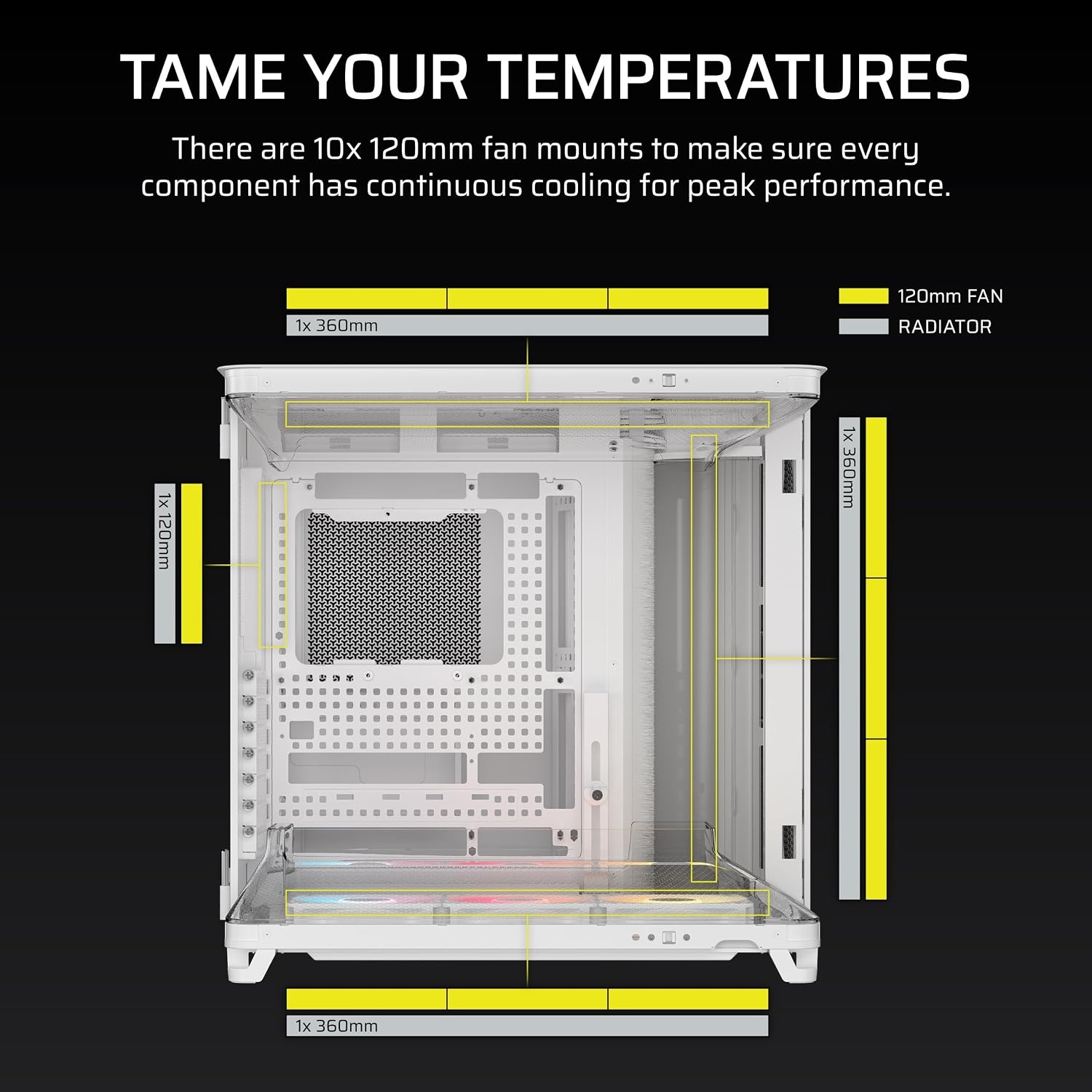 image:imageCORSAIR AIR 5400 RSR ARGB TripleChamber MidTower Panoramic PC Case 3X PreInstalled ReverseRotor RS120R ARGB Fans LowNoise High Airflow Ducts Reverse Motherboard Support WhiteWhite