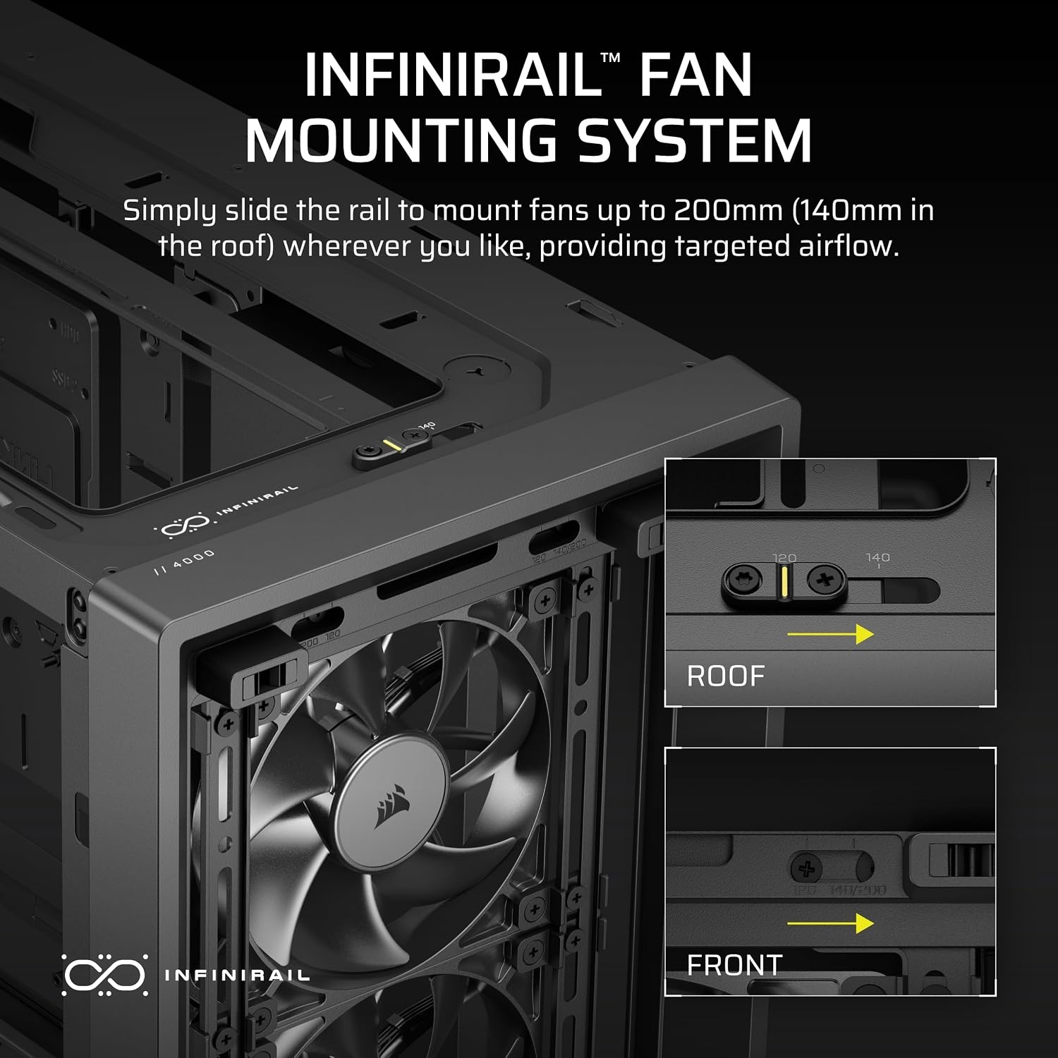 image:imageCORSAIR Frame 4000D Wood RS Modular MidTower ATX PC Case Wood Front Panel 4X RS120 PWM Fans Included InfiniRail Fan Mount System Reverse GPU AntiSag and Motherboard Support BlackWalnutBlackWalnut