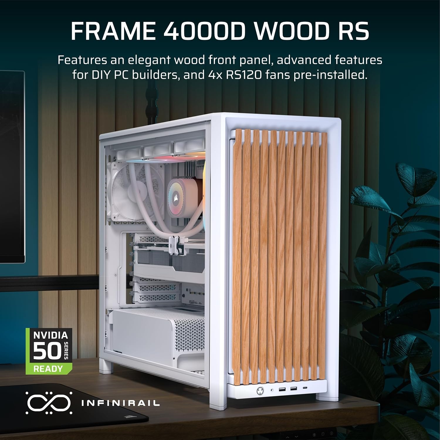 image:imageCORSAIR Frame 4000D Wood RS Modular MidTower ATX PC Case Wood Front Panel 4X RS120 PWM Fans Included InfiniRail Fan Mount System Reverse GPU AntiSag and Motherboard Support BlackWalnutWhiteOak