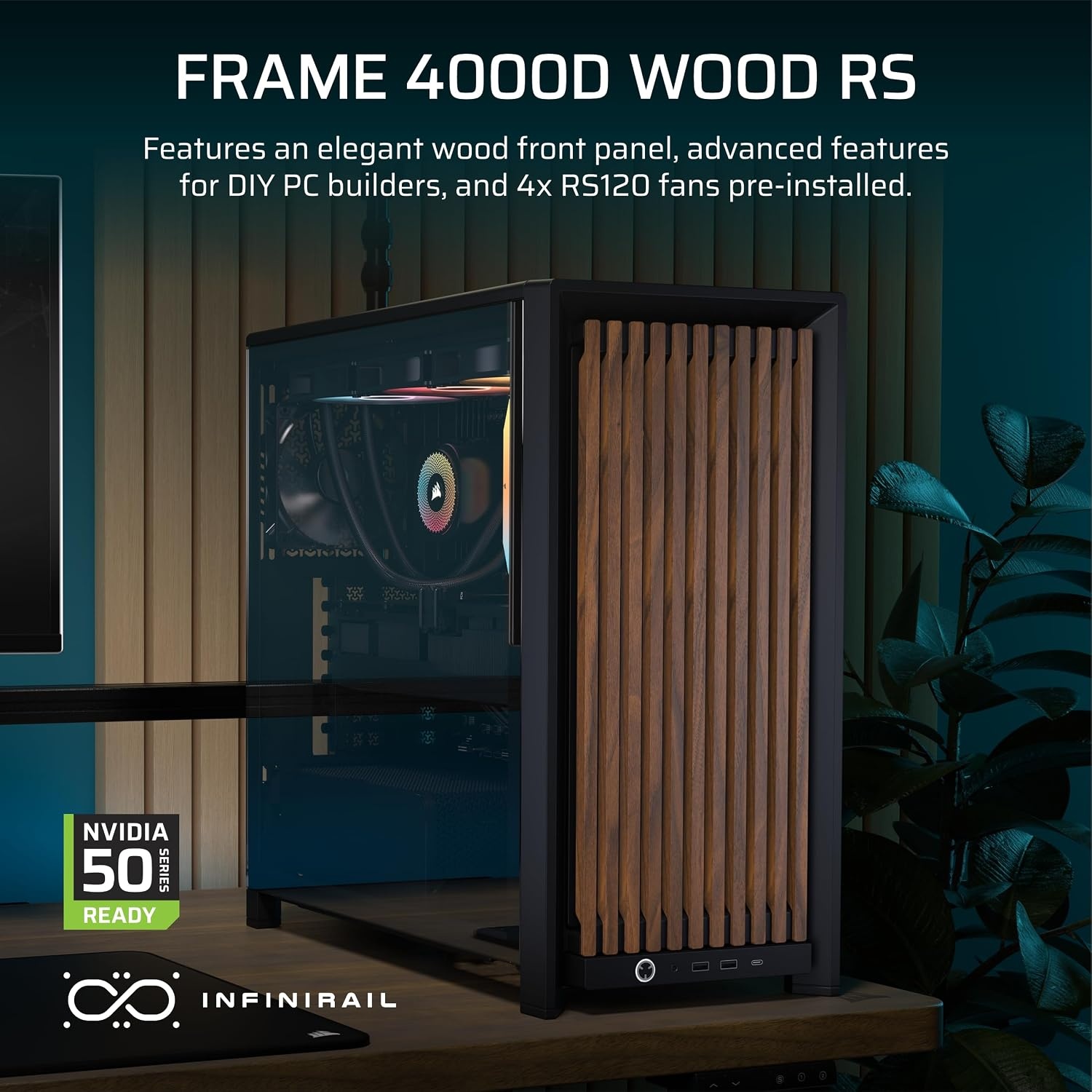 image:imageCORSAIR Frame 4000D Wood RS Modular MidTower ATX PC Case Wood Front Panel 4X RS120 PWM Fans Included InfiniRail Fan Mount System Reverse GPU AntiSag and Motherboard Support BlackWalnutBlackWalnut