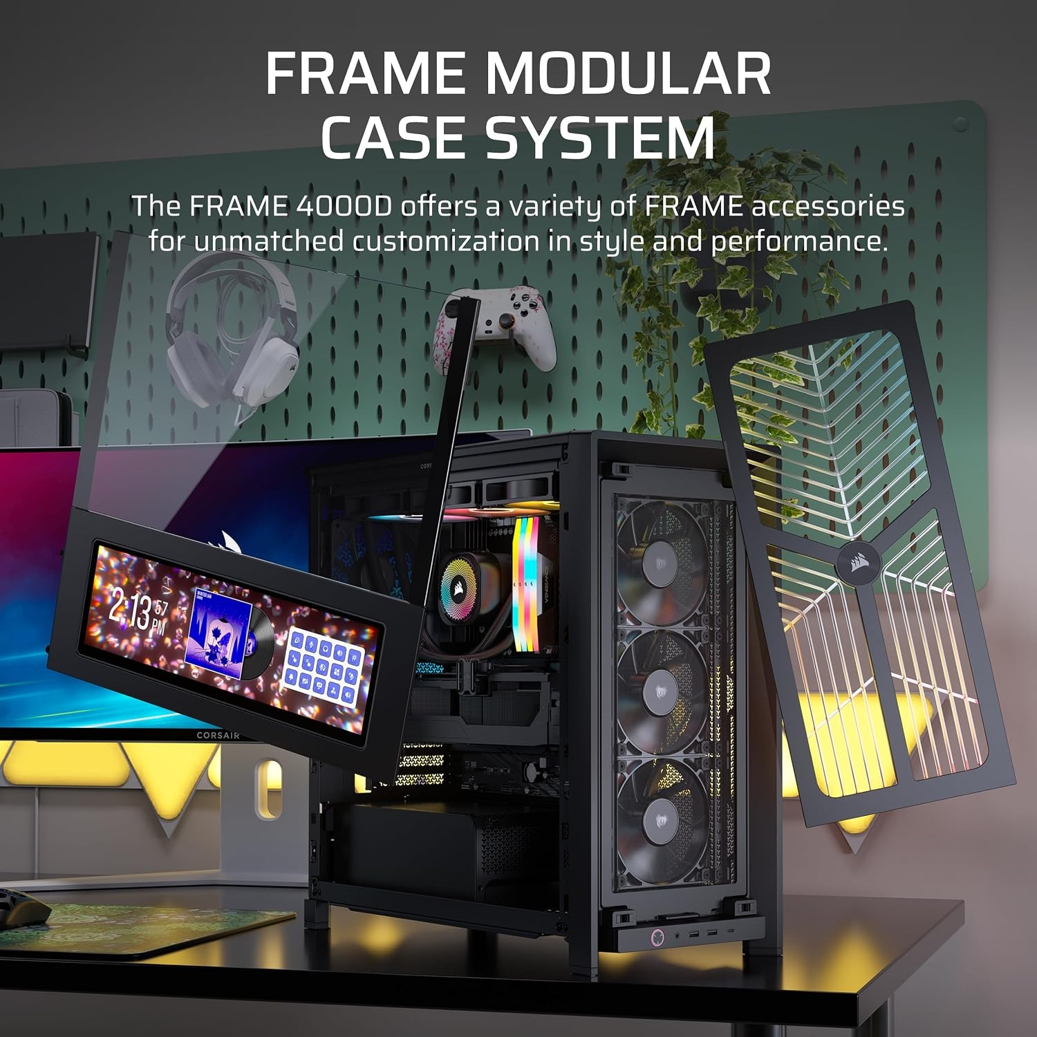 image:imageCORSAIR Frame 4000D Wood RS Modular MidTower ATX PC Case Wood Front Panel 4X RS120 PWM Fans Included InfiniRail Fan Mount System Reverse GPU AntiSag and Motherboard Support BlackWalnutBlackWalnut