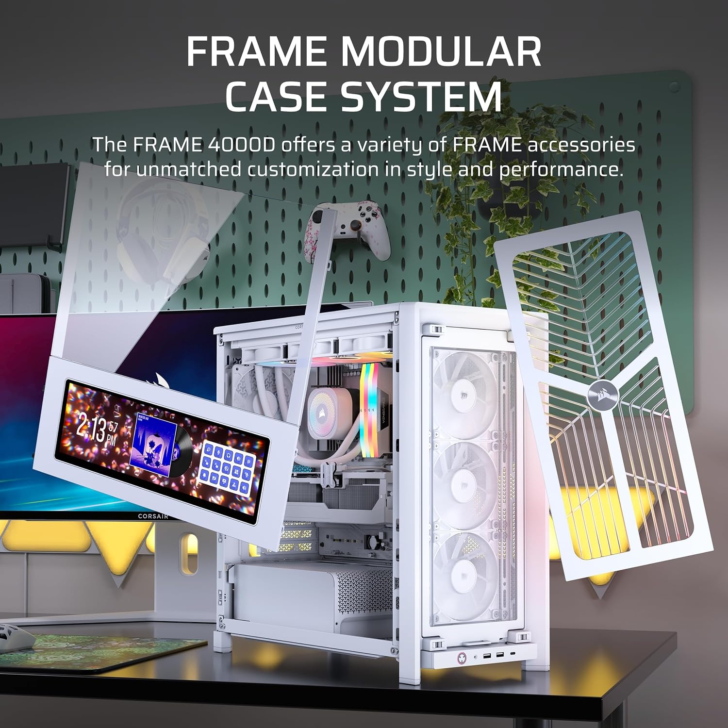 image:imageCORSAIR Frame 4000D Wood RS Modular MidTower ATX PC Case Wood Front Panel 4X RS120 PWM Fans Included InfiniRail Fan Mount System Reverse GPU AntiSag and Motherboard Support BlackWalnutWhiteOak