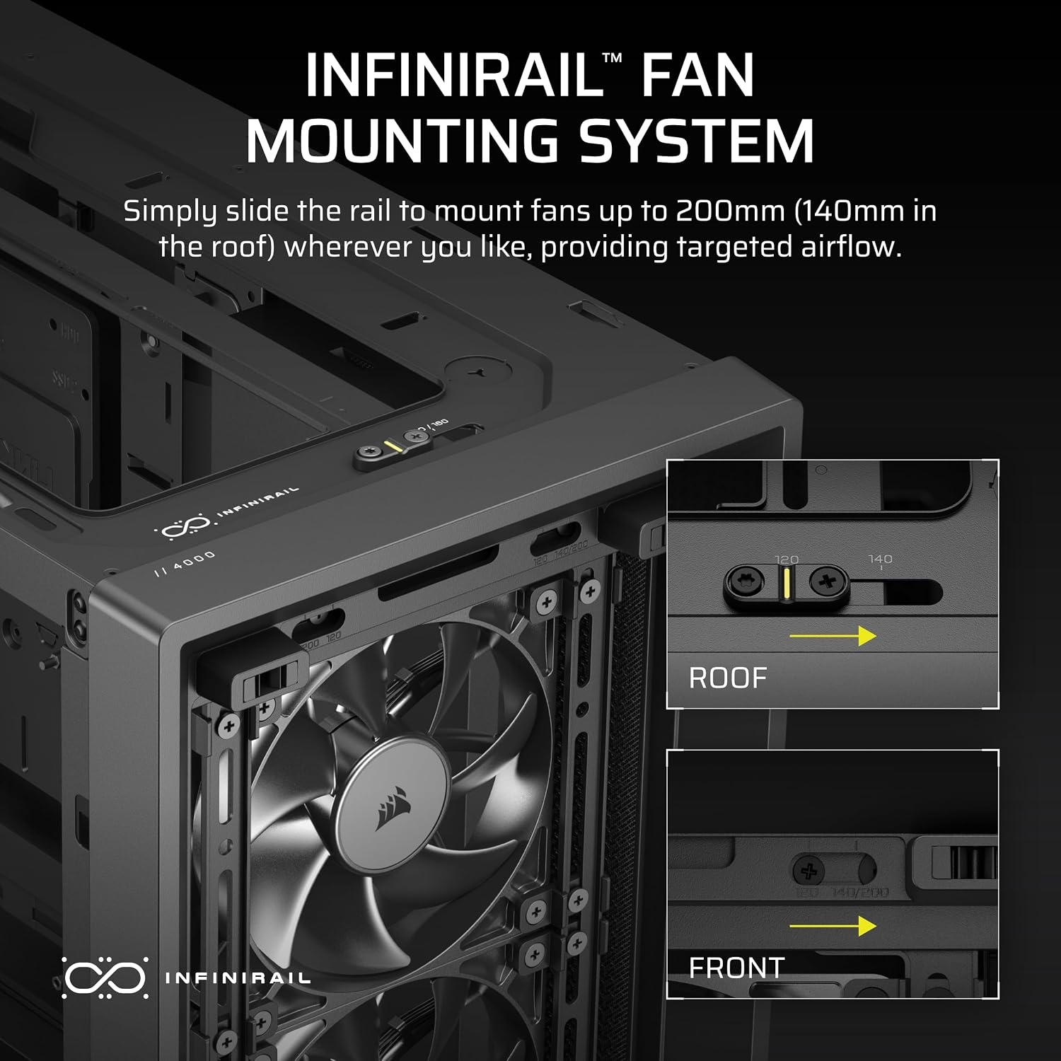 image:imageCORSAIR Frame 4000X RS Modular MidTower ATX PC Case RGB Front Panel 4X RS120 PWM Fans Included InfiniRail Fan Mount System Reverse GPU AntiSag and Motherboard Support BlackBlack
