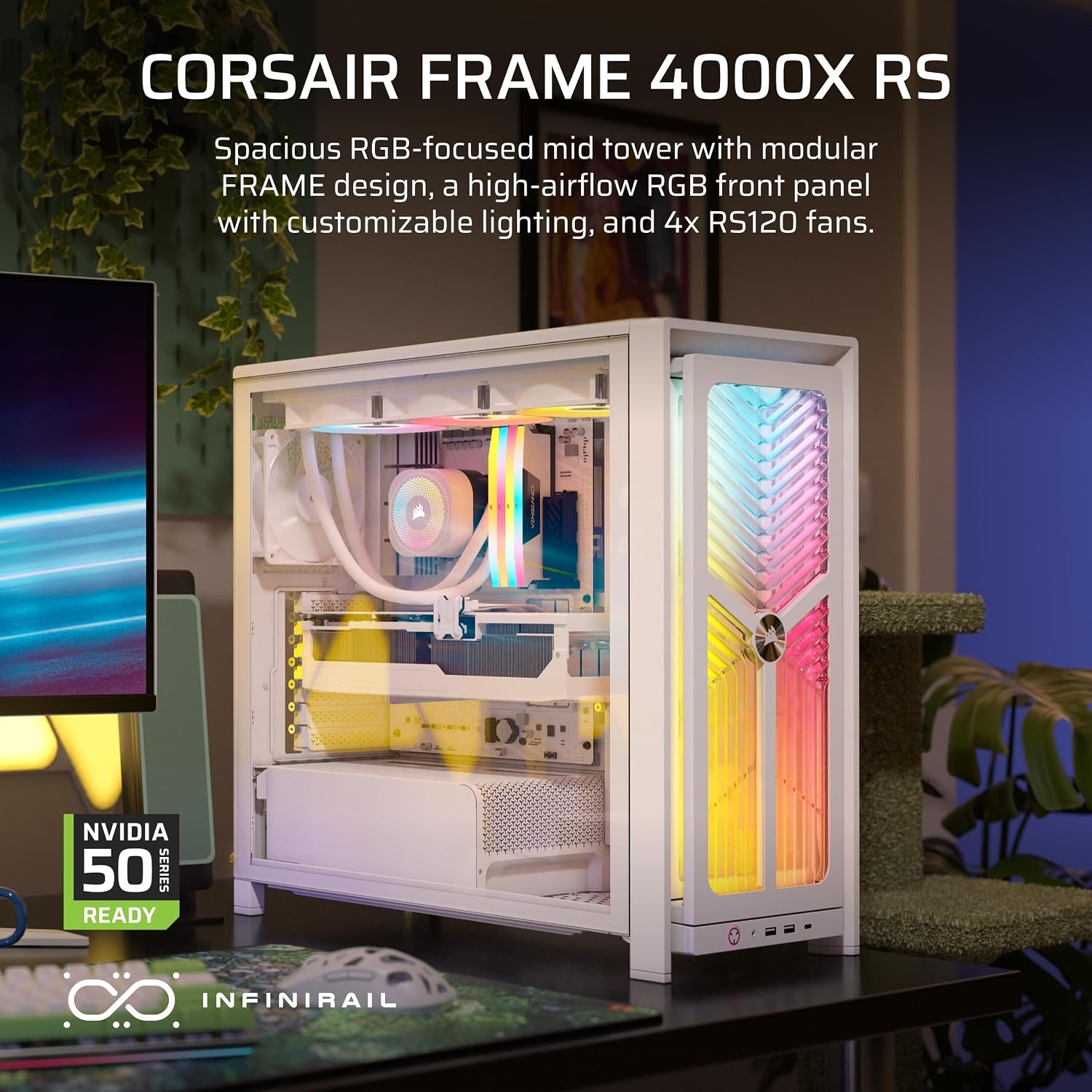 image:imageCORSAIR Frame 4000X RS Modular MidTower ATX PC Case RGB Front Panel 4X RS120 PWM Fans Included InfiniRail Fan Mount System Reverse GPU AntiSag and Motherboard Support BlackWhite