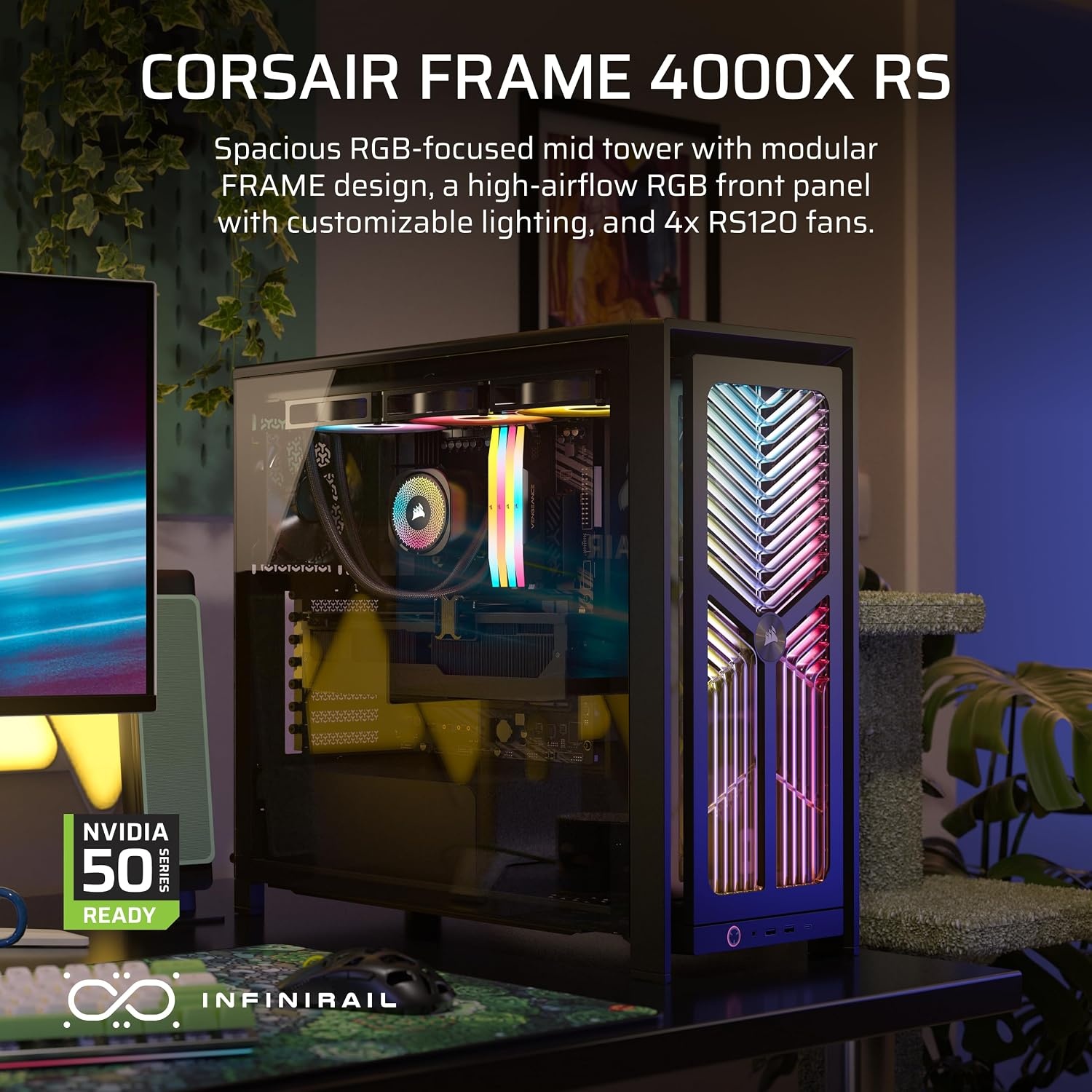image:imageCORSAIR Frame 4000X RS Modular MidTower ATX PC Case RGB Front Panel 4X RS120 PWM Fans Included InfiniRail Fan Mount System Reverse GPU AntiSag and Motherboard Support BlackBlack