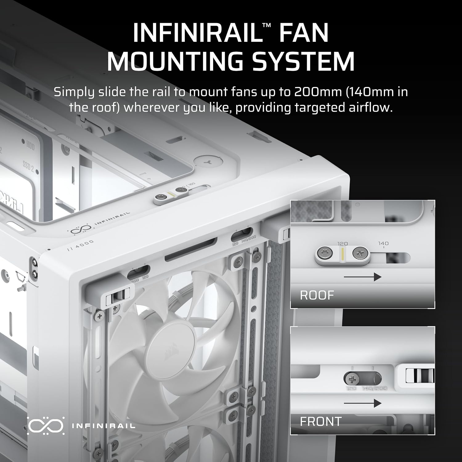 image:imageCORSAIR Frame 4000X RS Modular MidTower ATX PC Case RGB Front Panel 4X RS120 PWM Fans Included InfiniRail Fan Mount System Reverse GPU AntiSag and Motherboard Support BlackWhite